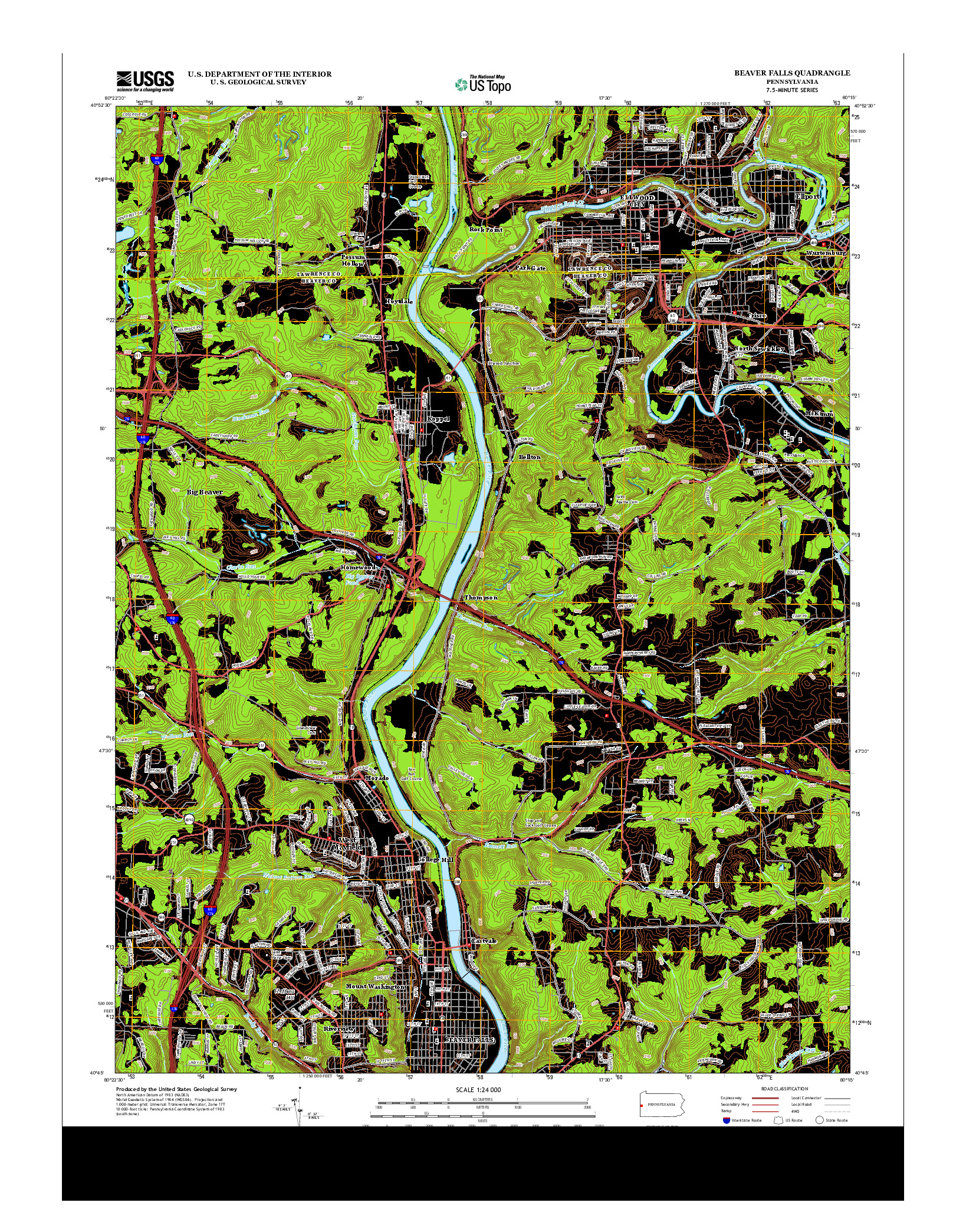 USGS US TOPO 7.5-MINUTE MAP FOR BEAVER FALLS, PA 2013