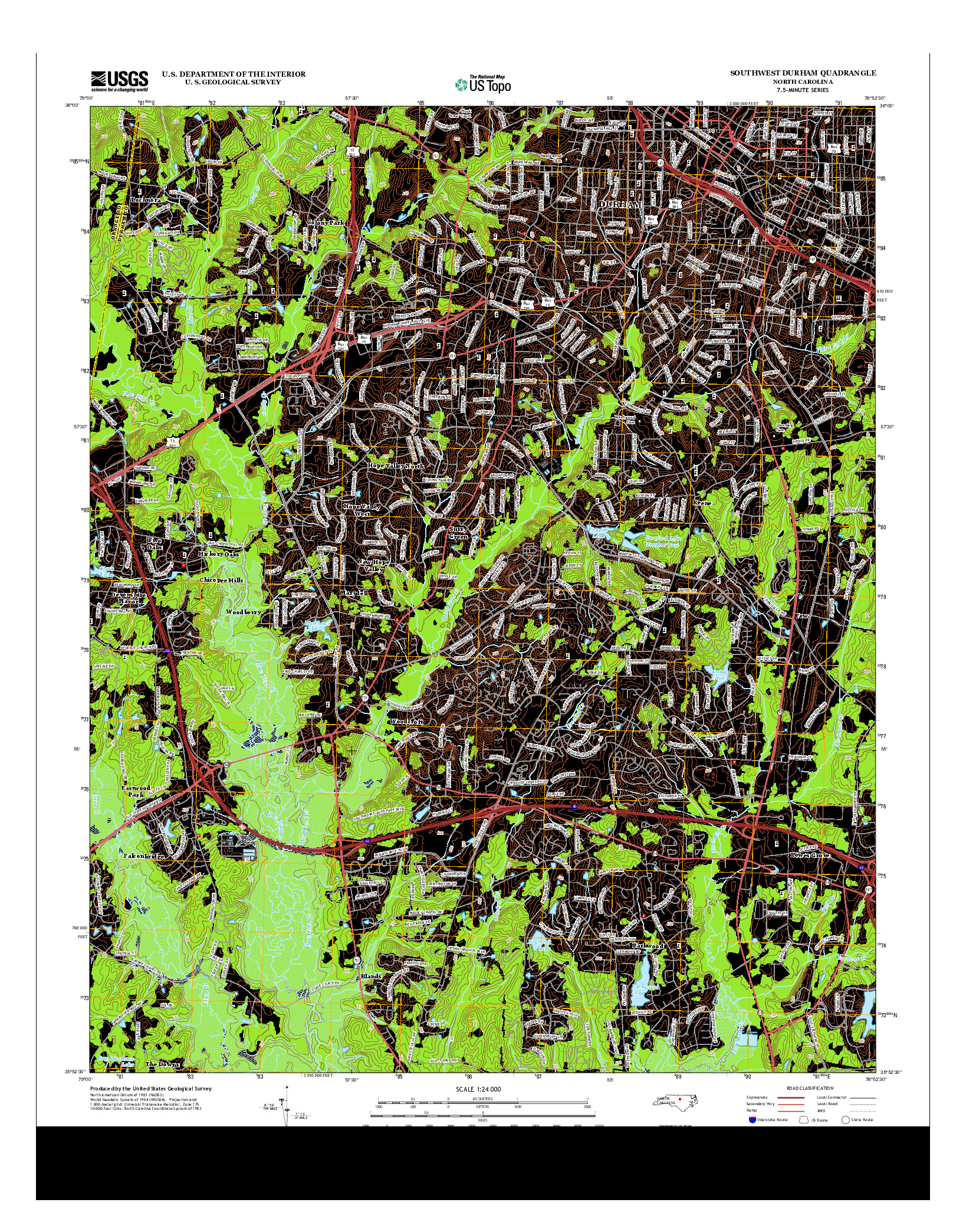 USGS US TOPO 7.5-MINUTE MAP FOR SOUTHWEST DURHAM, NC 2013