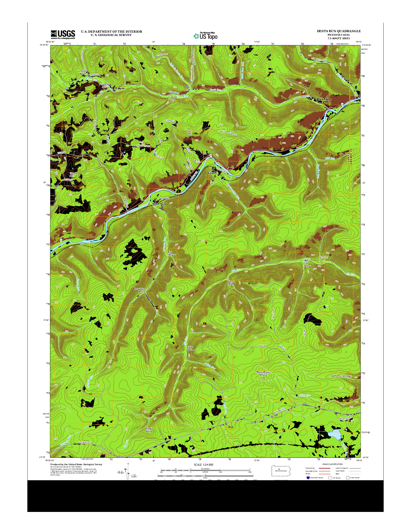 USGS US TOPO 7.5-MINUTE MAP FOR DENTS RUN, PA 2013