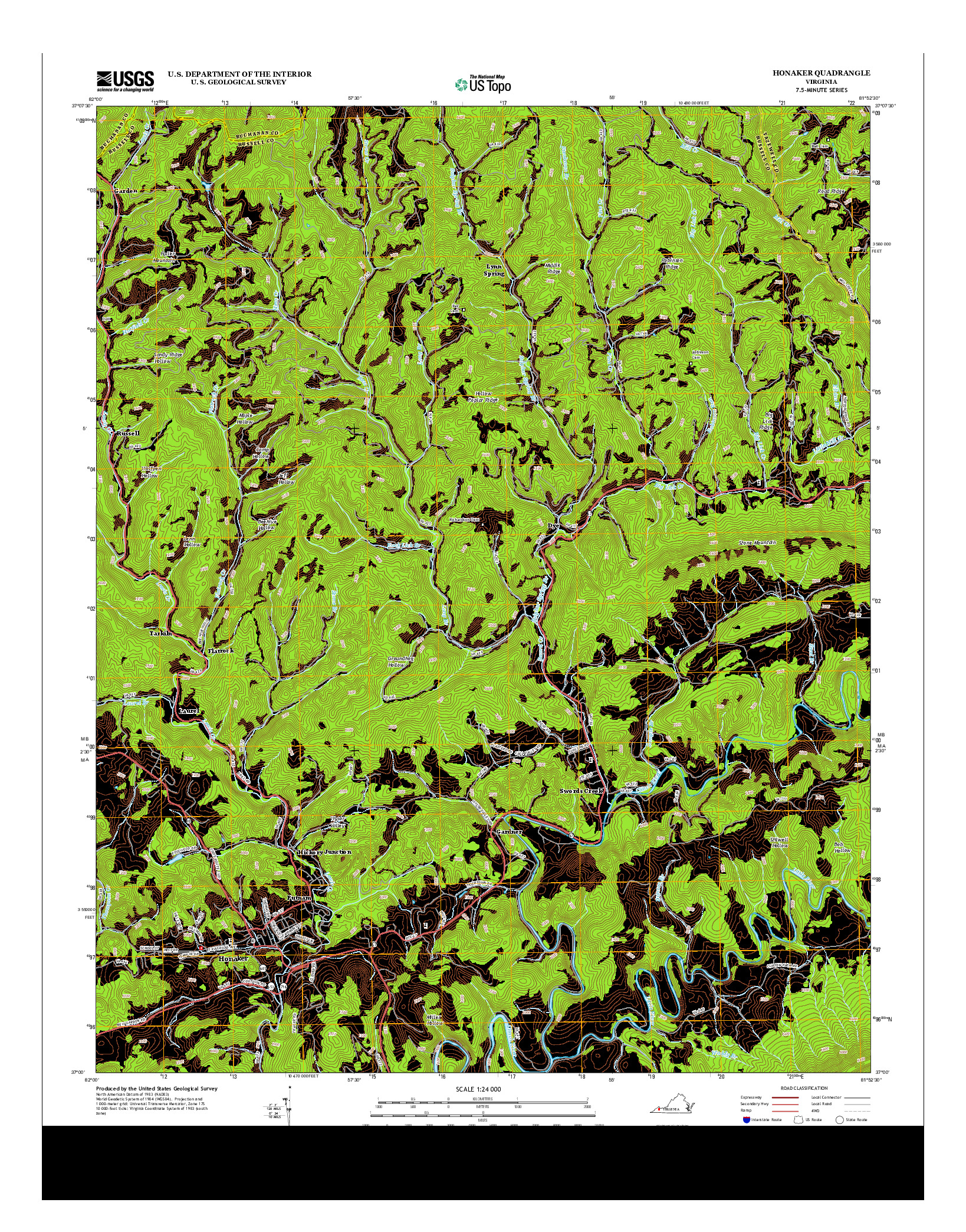 USGS US TOPO 7.5-MINUTE MAP FOR HONAKER, VA 2013