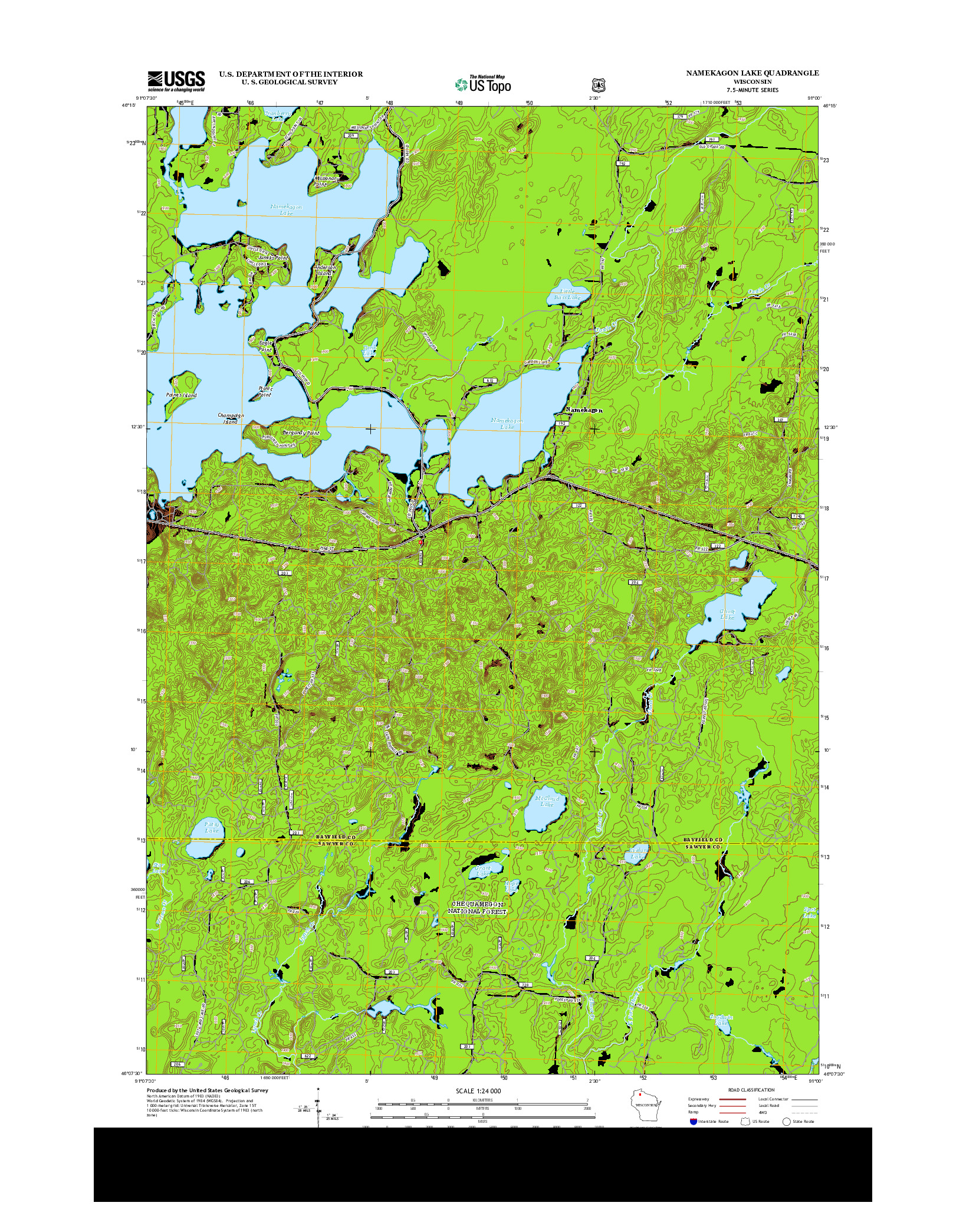 USGS US TOPO 7.5-MINUTE MAP FOR NAMEKAGON LAKE, WI 2013