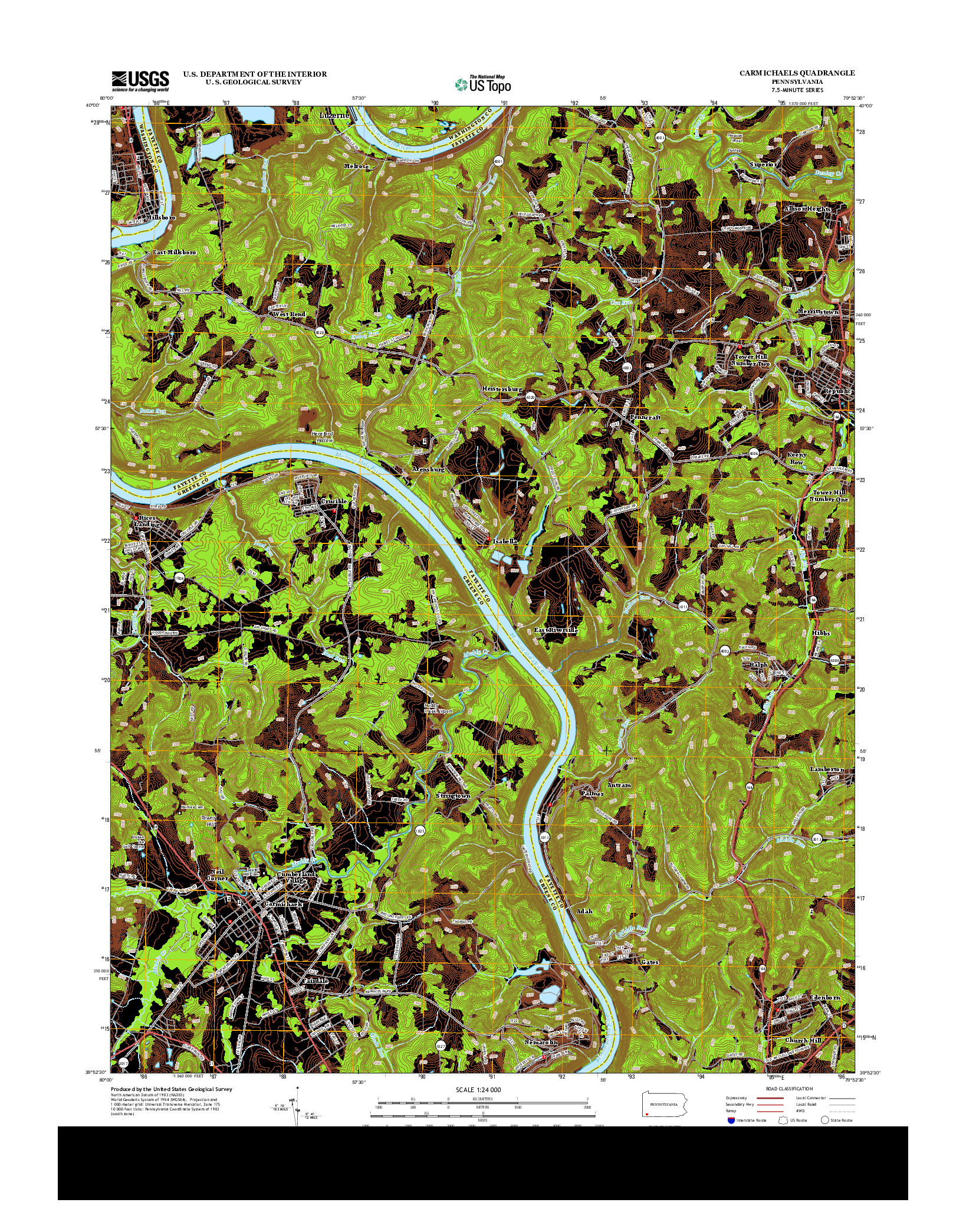 USGS US TOPO 7.5-MINUTE MAP FOR CARMICHAELS, PA 2013