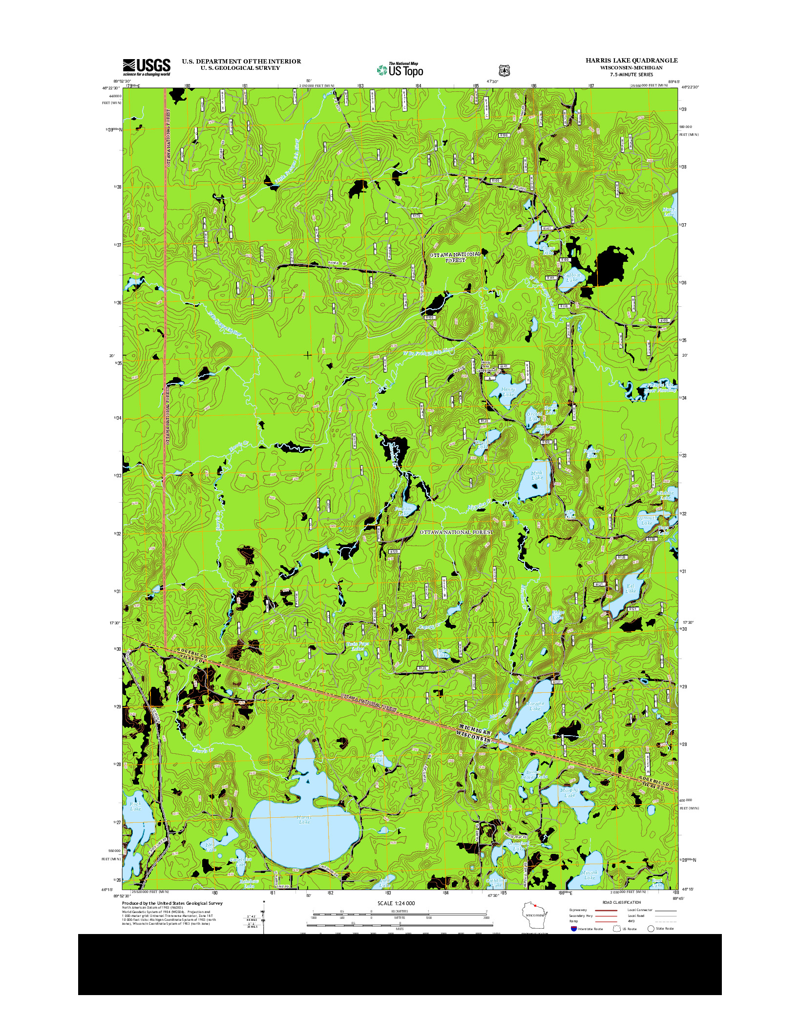 USGS US TOPO 7.5-MINUTE MAP FOR HARRIS LAKE, WI-MI 2013