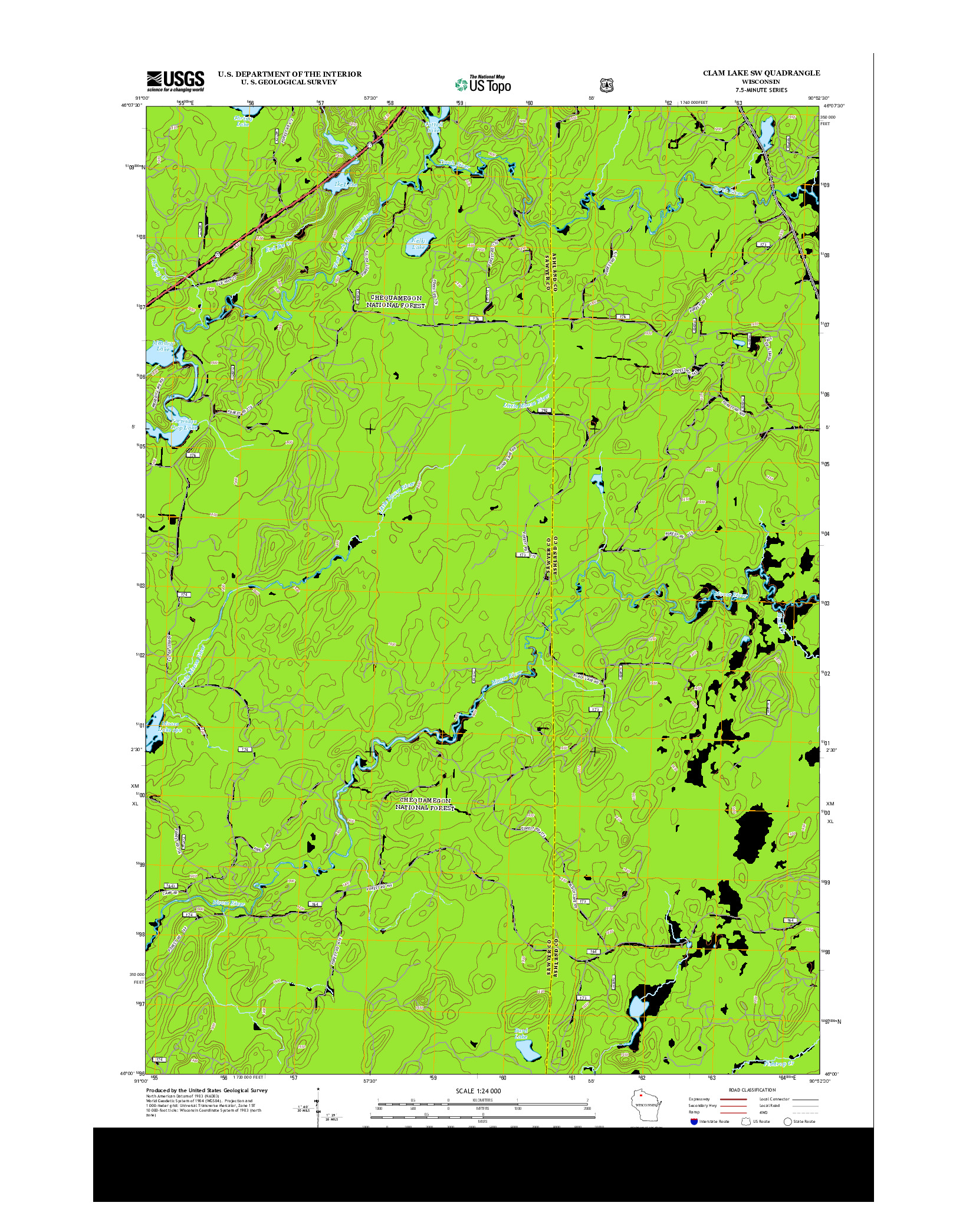USGS US TOPO 7.5-MINUTE MAP FOR CLAM LAKE SW, WI 2013