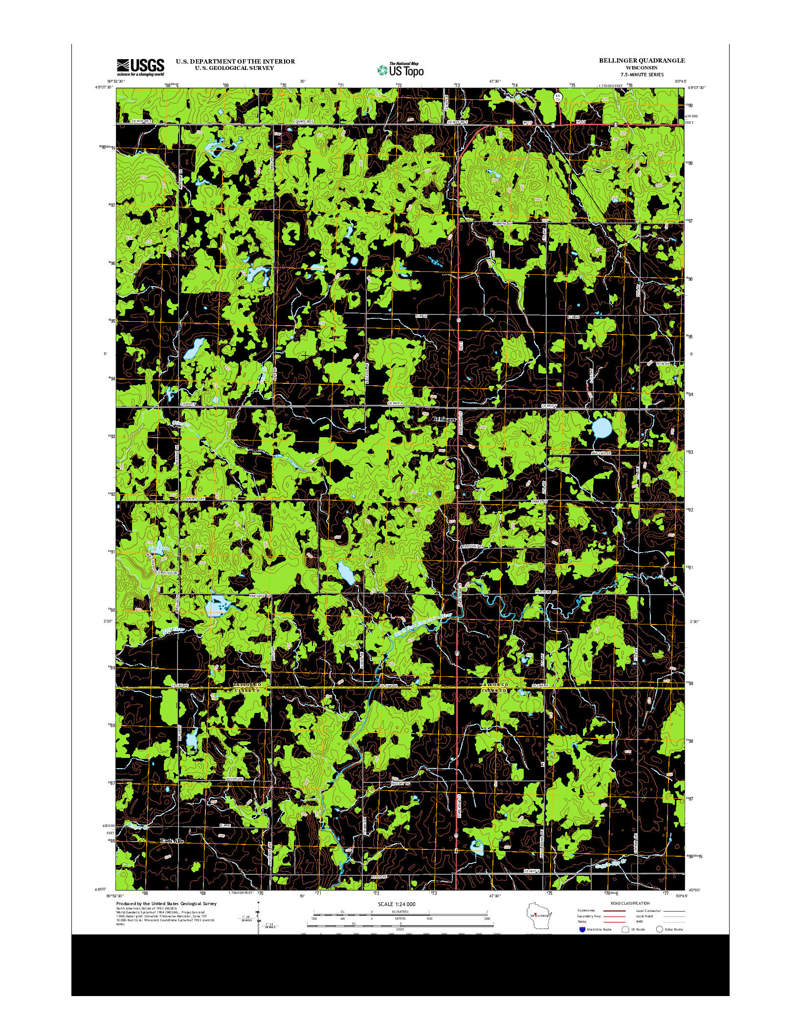 USGS US TOPO 7.5-MINUTE MAP FOR BELLINGER, WI 2013