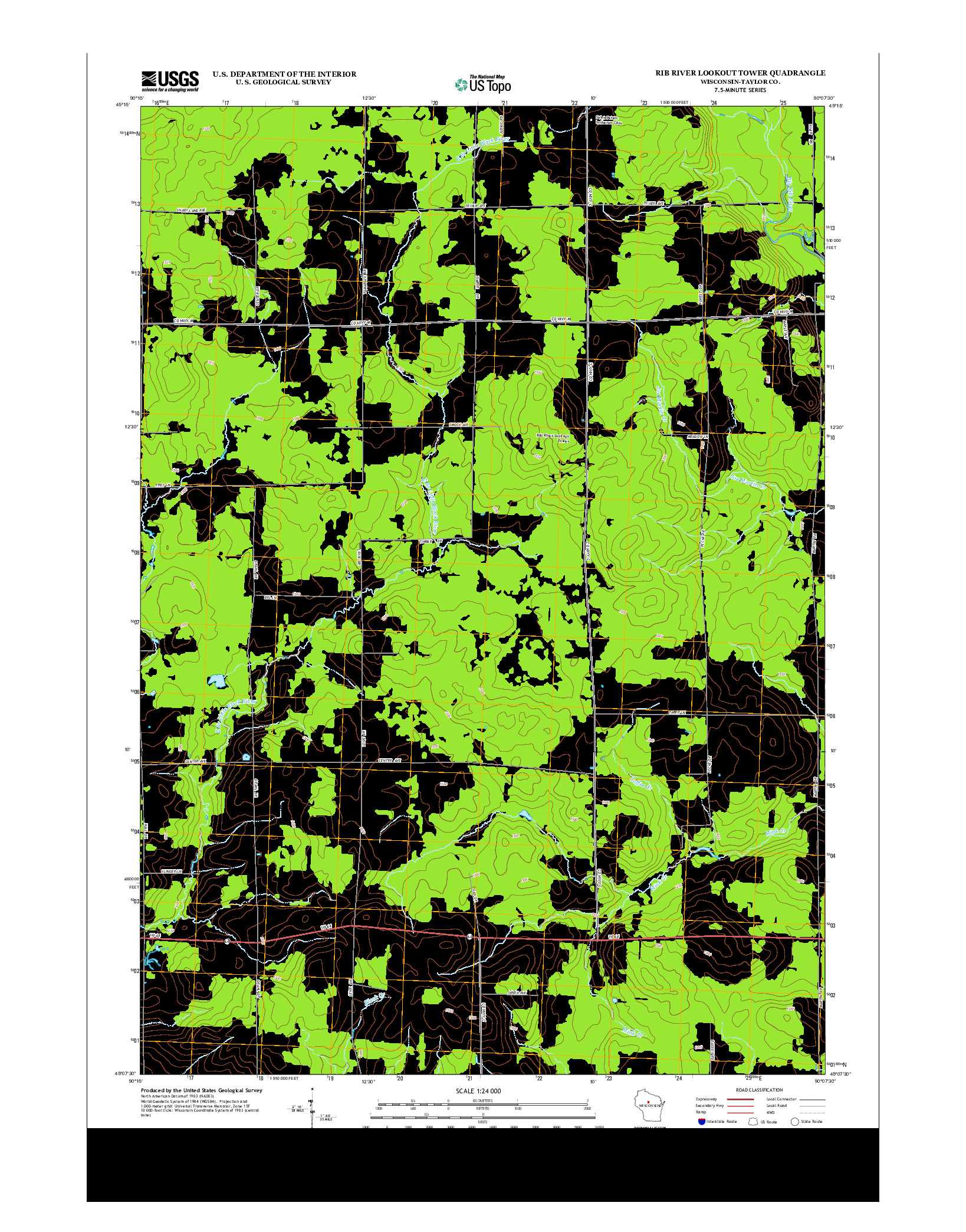 USGS US TOPO 7.5-MINUTE MAP FOR RIB RIVER LOOKOUT TOWER, WI 2013