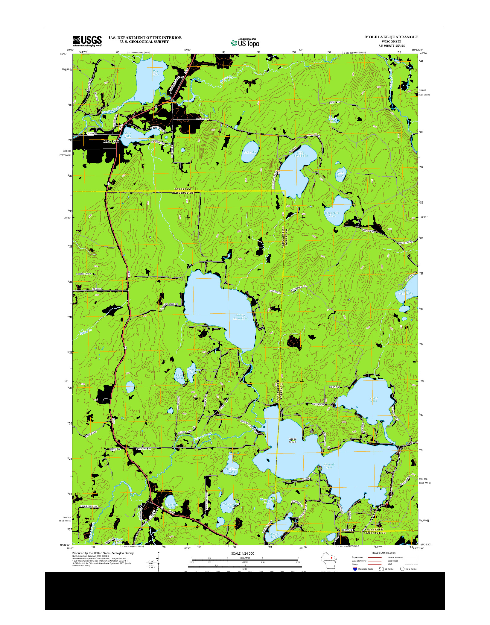 USGS US TOPO 7.5-MINUTE MAP FOR MOLE LAKE, WI 2013