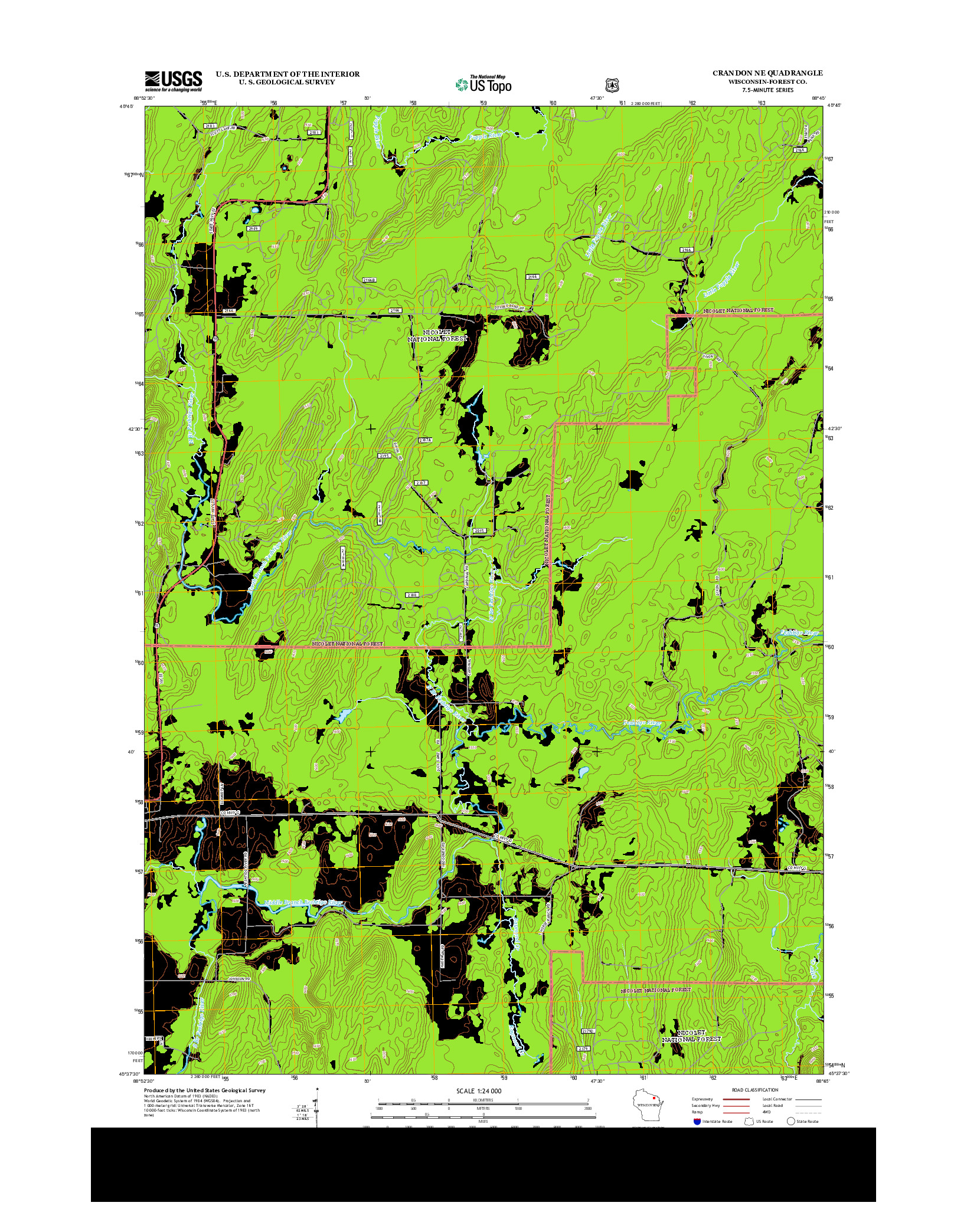 USGS US TOPO 7.5-MINUTE MAP FOR CRANDON NE, WI 2013