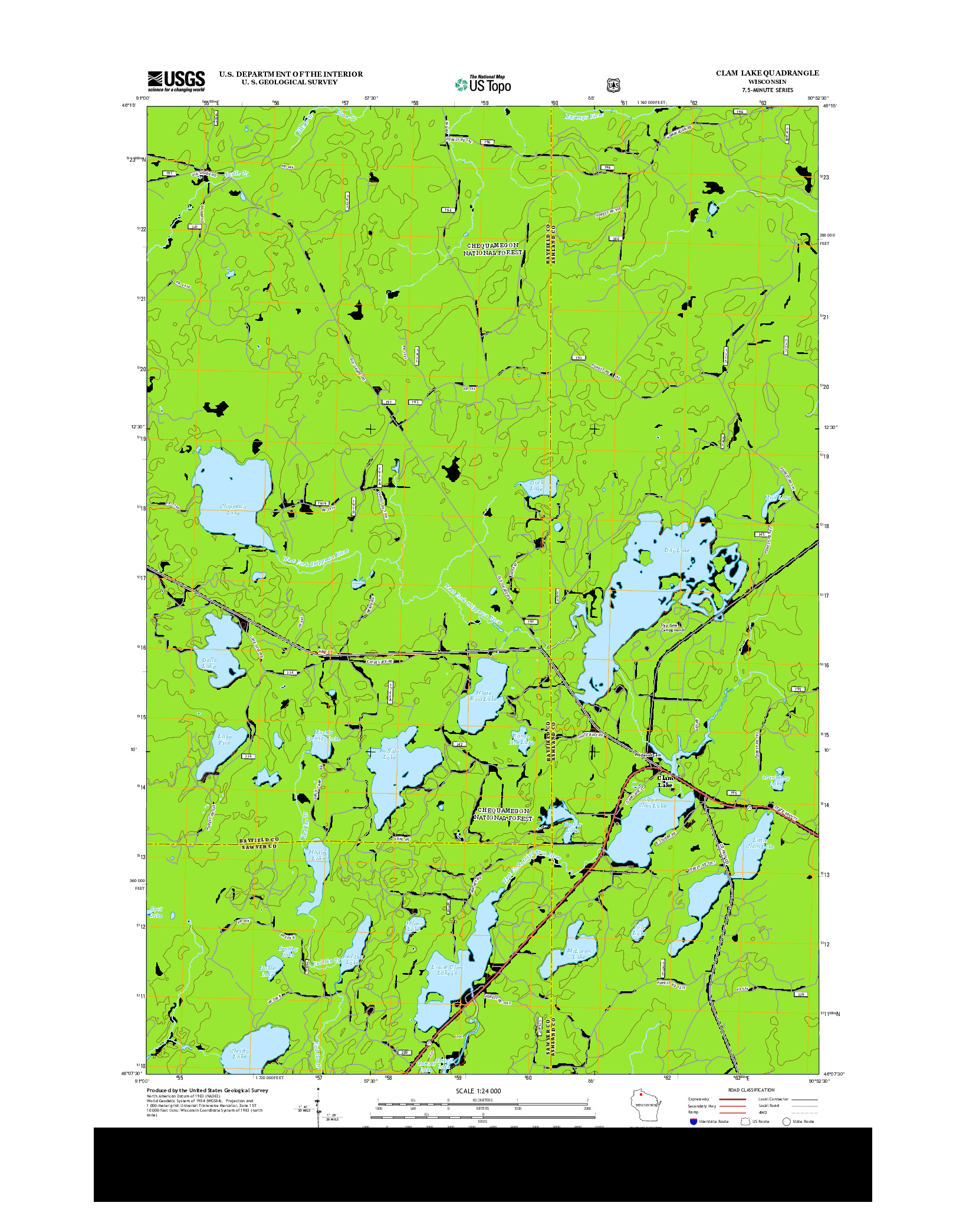 USGS US TOPO 7.5-MINUTE MAP FOR CLAM LAKE, WI 2013
