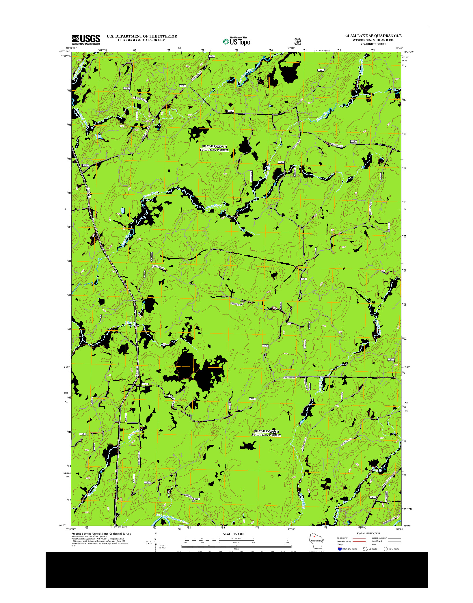 USGS US TOPO 7.5-MINUTE MAP FOR CLAM LAKE SE, WI 2013