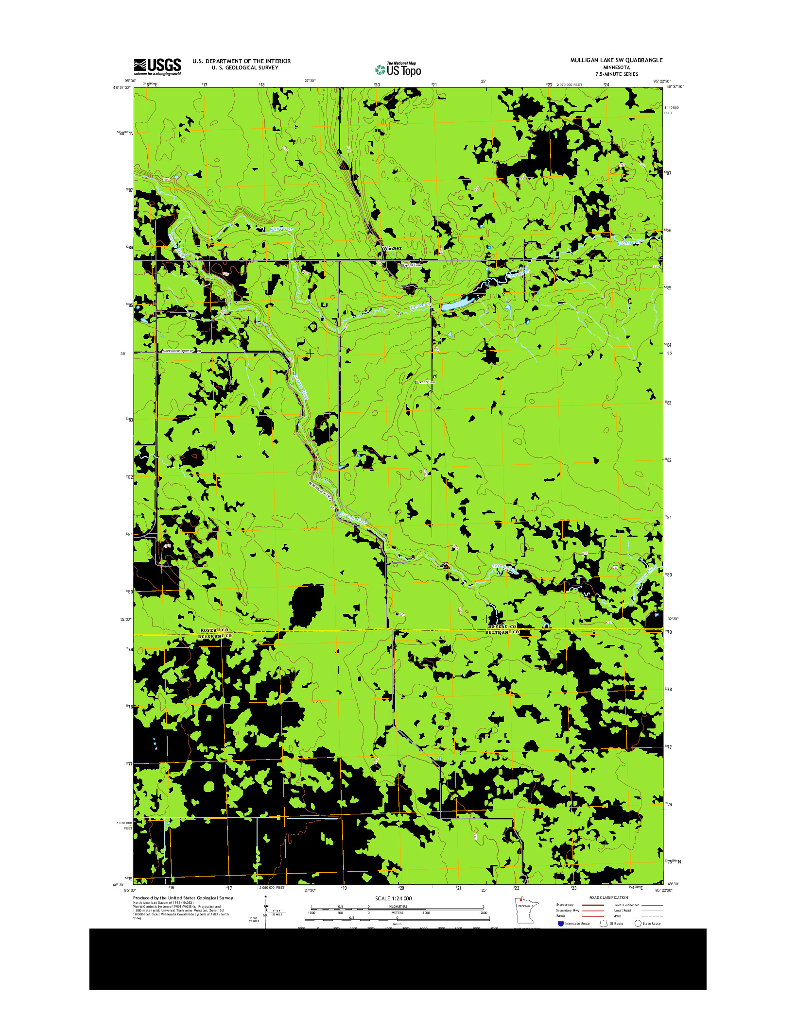 USGS US TOPO 7.5-MINUTE MAP FOR MULLIGAN LAKE SW, MN 2013