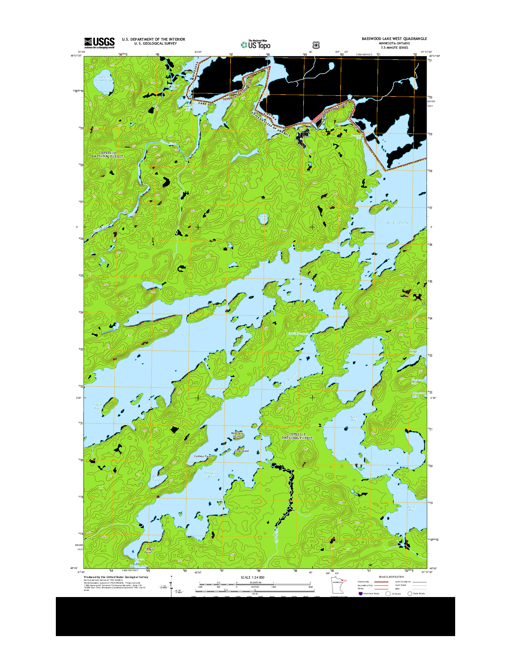 USGS US TOPO 7.5-MINUTE MAP FOR BASSWOOD LAKE WEST, MN-ON 2013