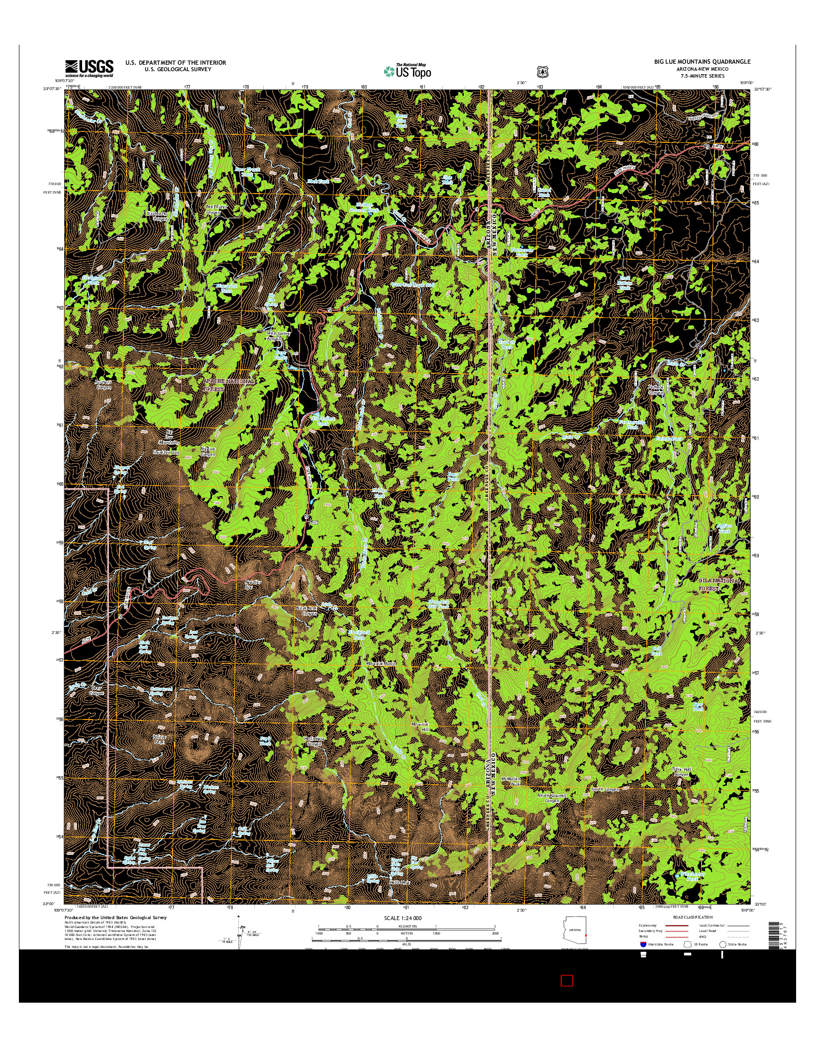 USGS US TOPO 7.5-MINUTE MAP FOR BIG LUE MOUNTAINS, AZ-NM 2014