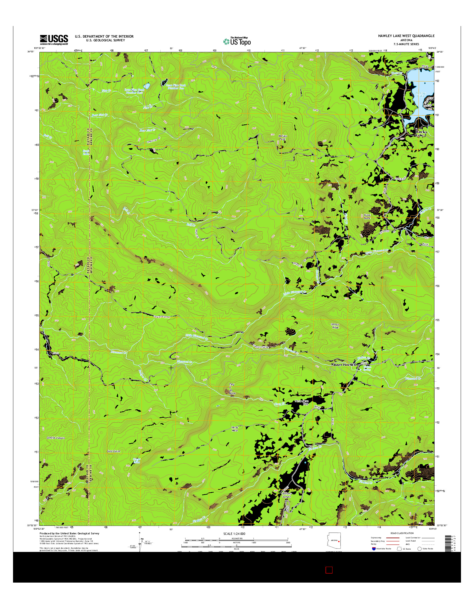 USGS US TOPO 7.5-MINUTE MAP FOR HAWLEY LAKE WEST, AZ 2014
