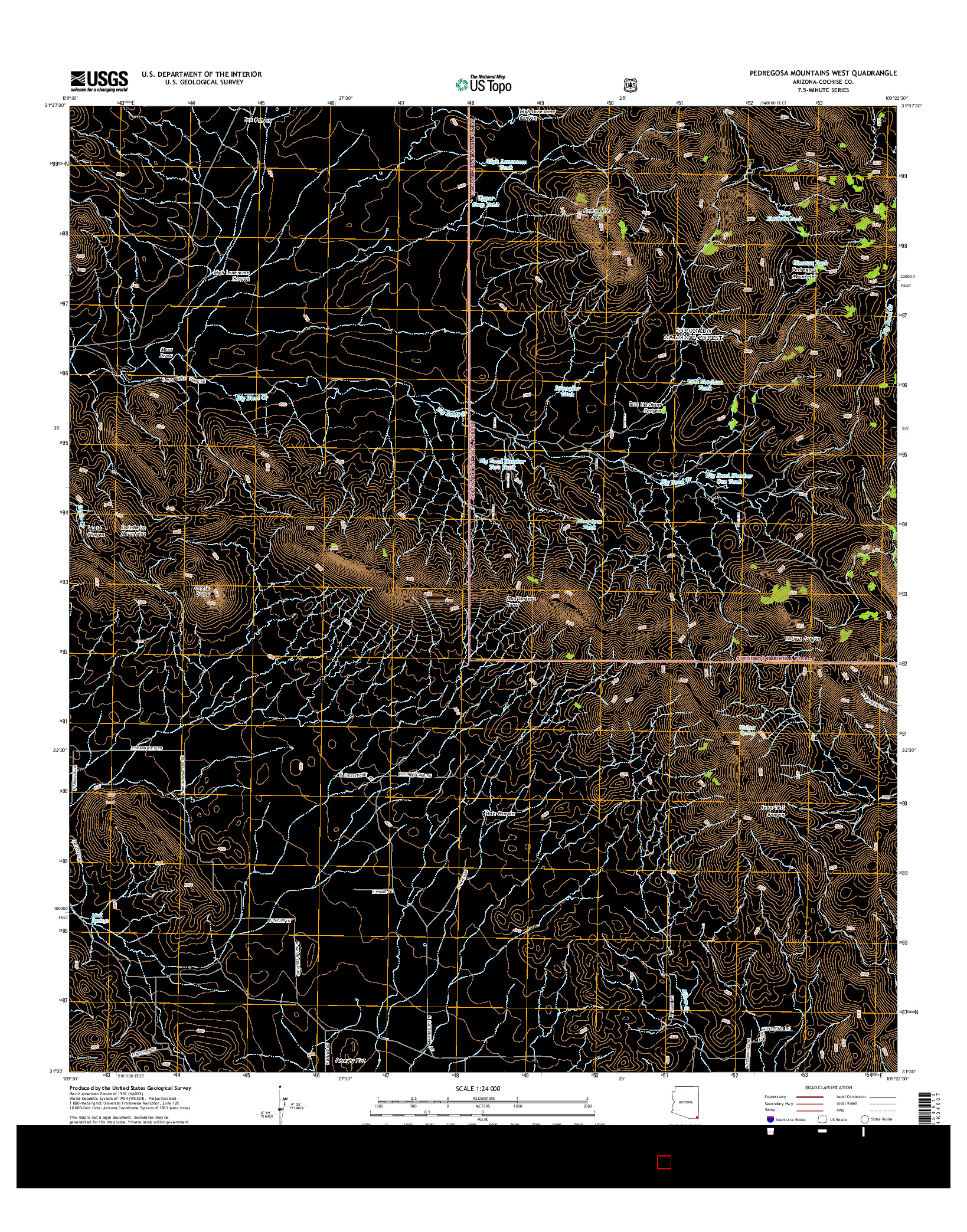 USGS US TOPO 7.5-MINUTE MAP FOR PEDREGOSA MOUNTAINS WEST, AZ 2014