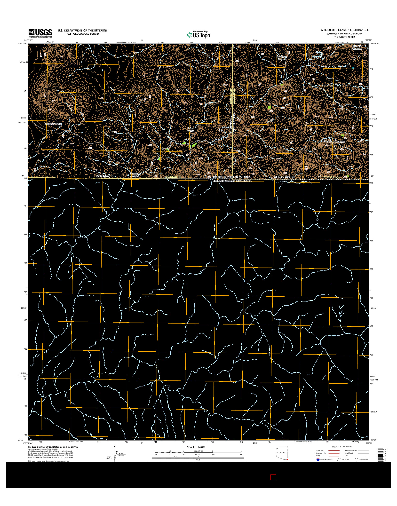 USGS US TOPO 7.5-MINUTE MAP FOR GUADALUPE CANYON, AZ-NM-SON 2014