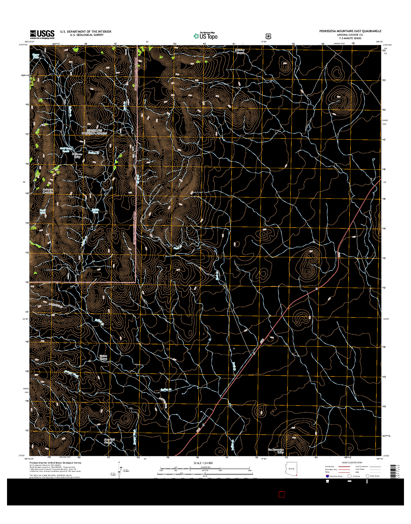 USGS US TOPO 7.5-MINUTE MAP FOR PEDREGOSA MOUNTAINS EAST, AZ 2014