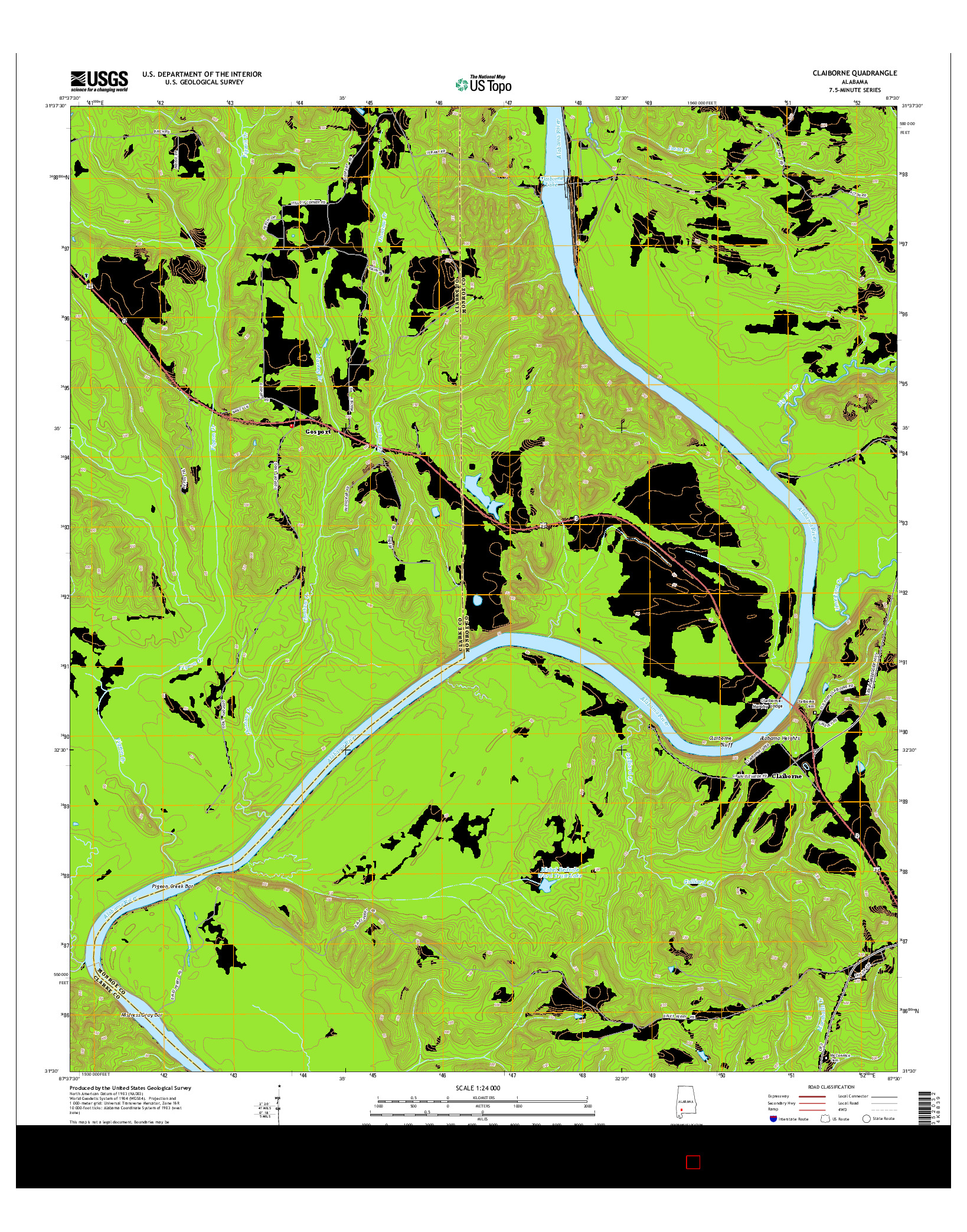 USGS US TOPO 7.5-MINUTE MAP FOR CLAIBORNE, AL 2014