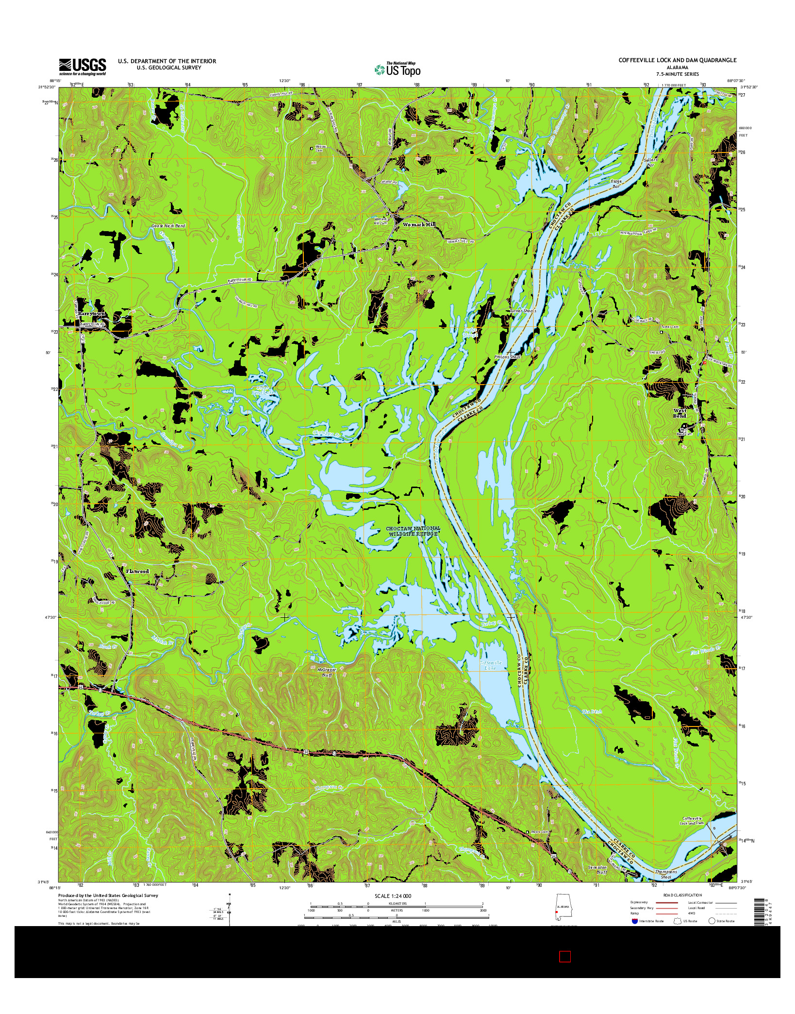 USGS US TOPO 7.5-MINUTE MAP FOR COFFEEVILLE LOCK AND DAM, AL 2014