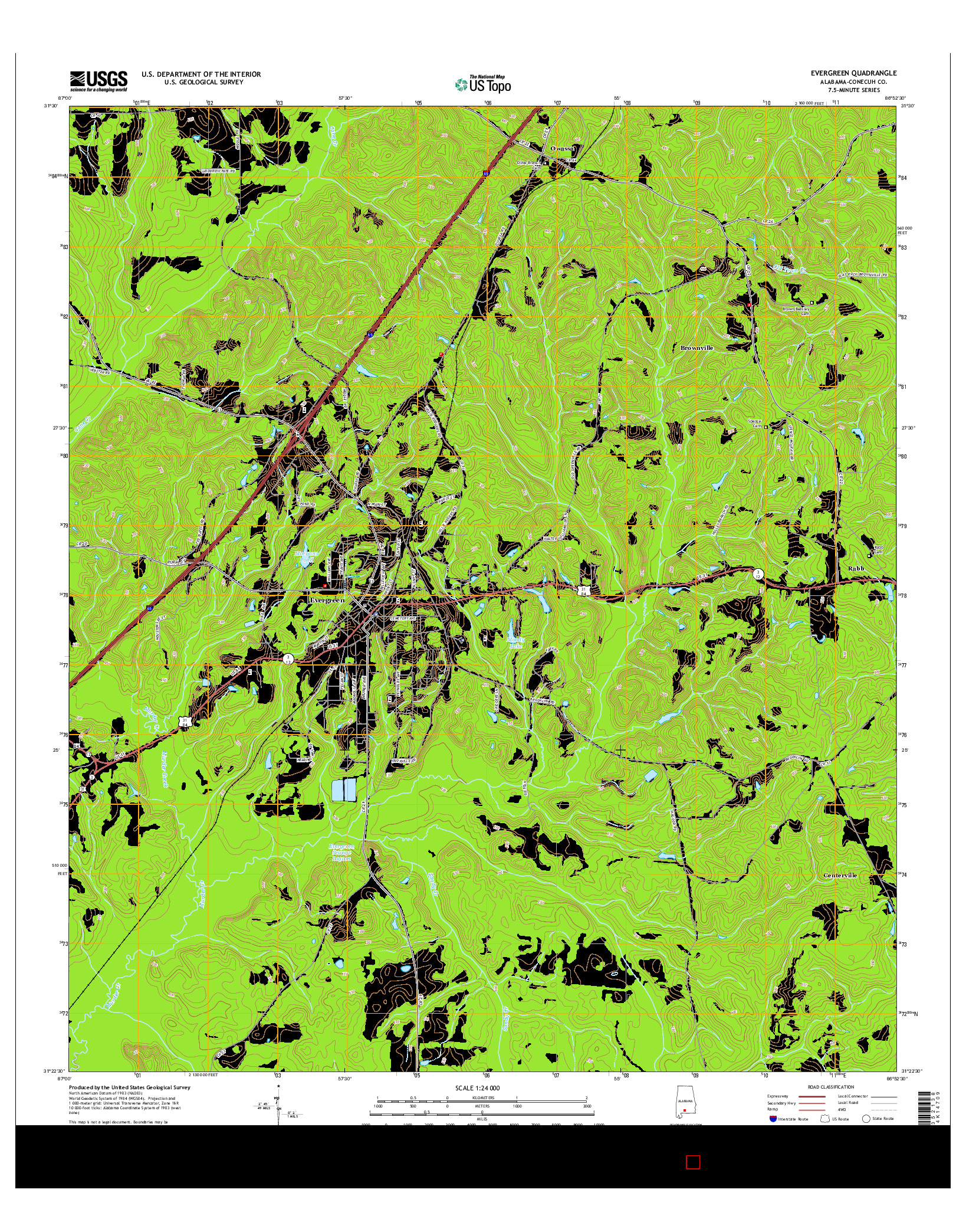 USGS US TOPO 7.5-MINUTE MAP FOR EVERGREEN, AL 2014