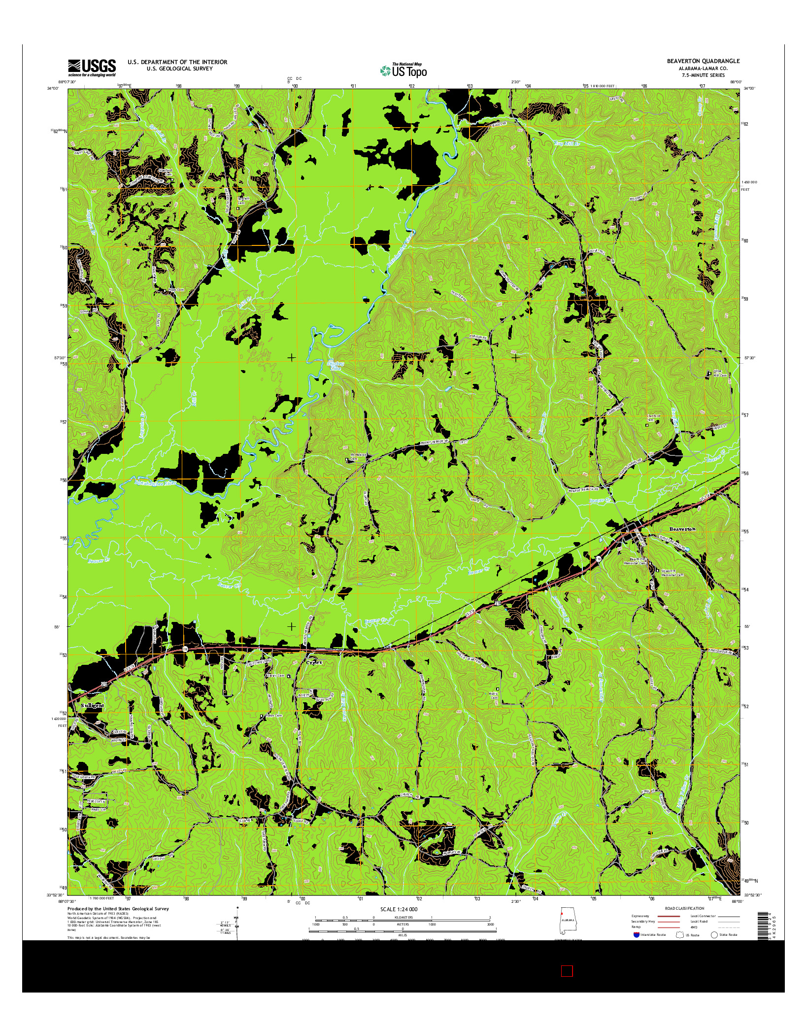 USGS US TOPO 7.5-MINUTE MAP FOR BEAVERTON, AL 2014