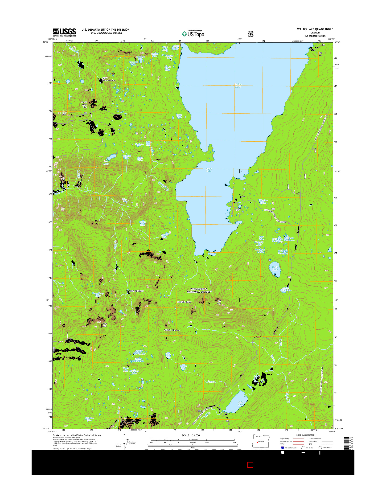 USGS US TOPO 7.5-MINUTE MAP FOR WALDO LAKE, OR 2014
