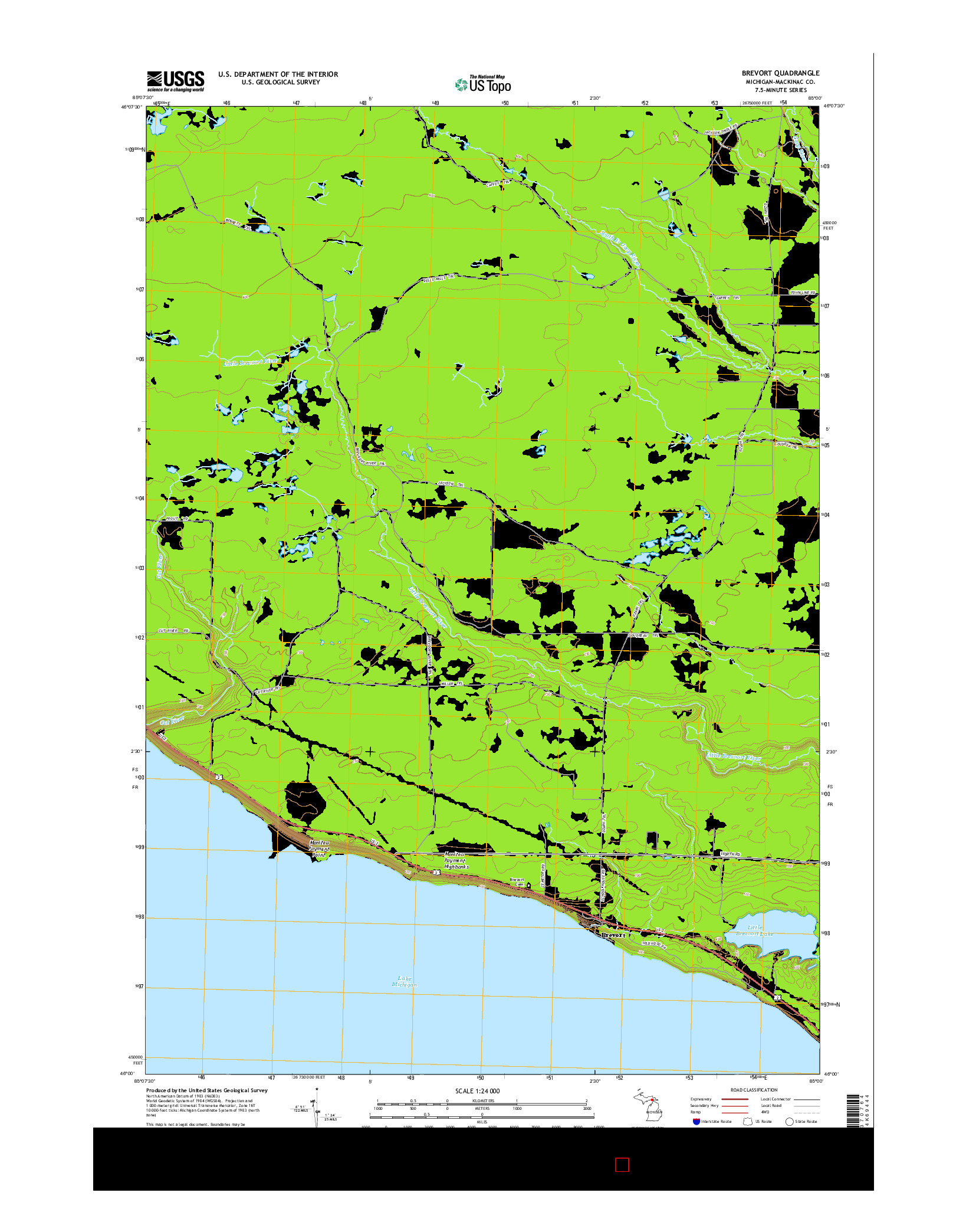 USGS US TOPO 7.5-MINUTE MAP FOR BREVORT, MI 2014
