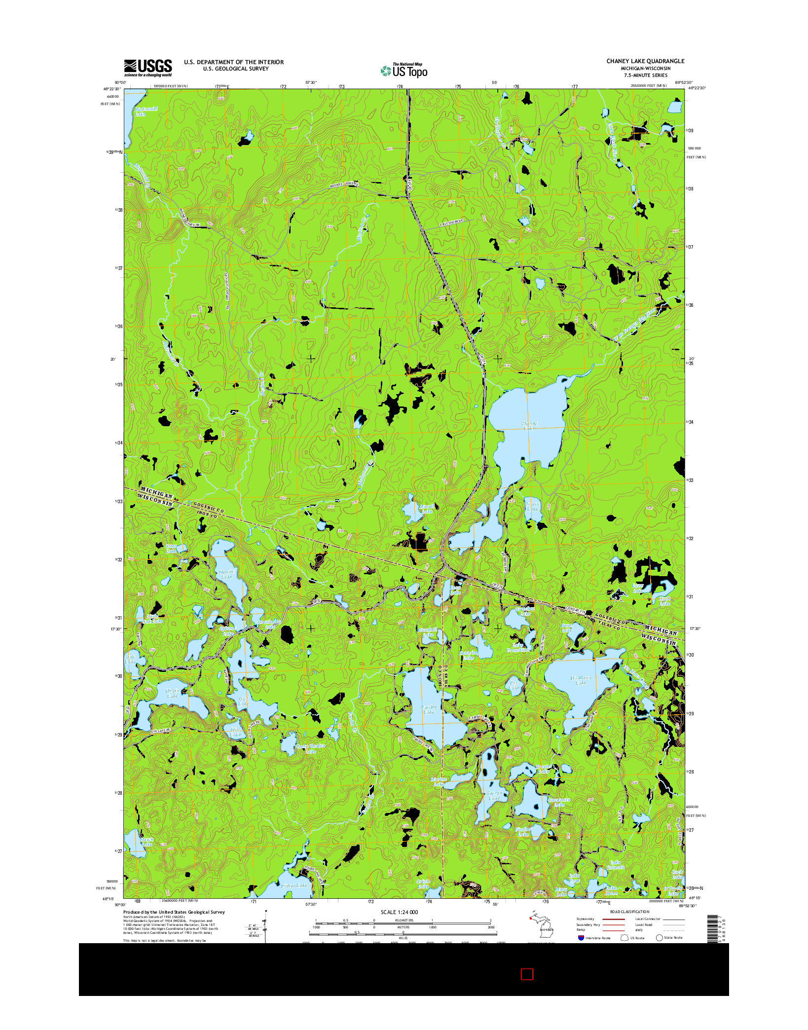 USGS US TOPO 7.5-MINUTE MAP FOR CHANEY LAKE, MI-WI 2014
