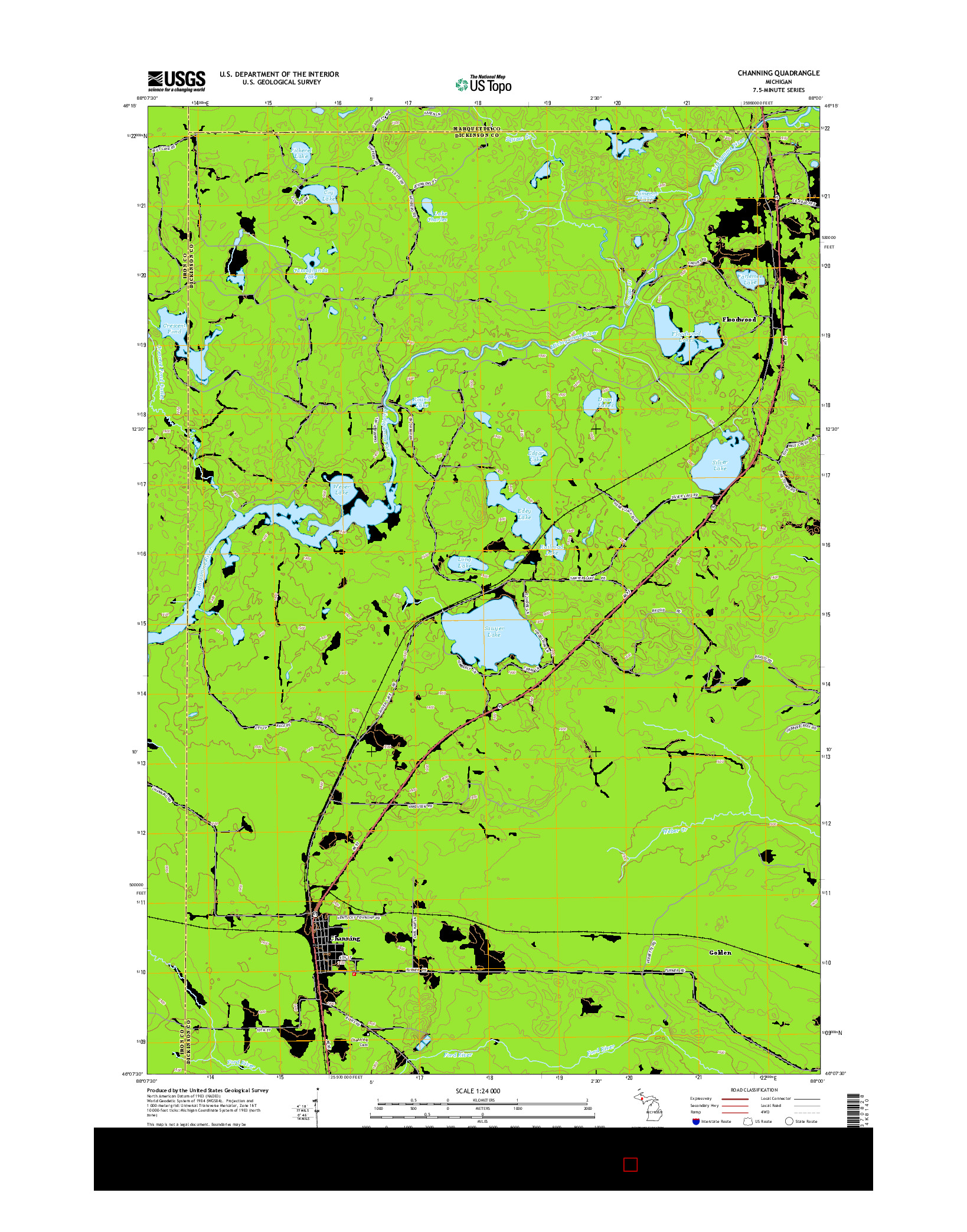 USGS US TOPO 7.5-MINUTE MAP FOR CHANNING, MI 2014