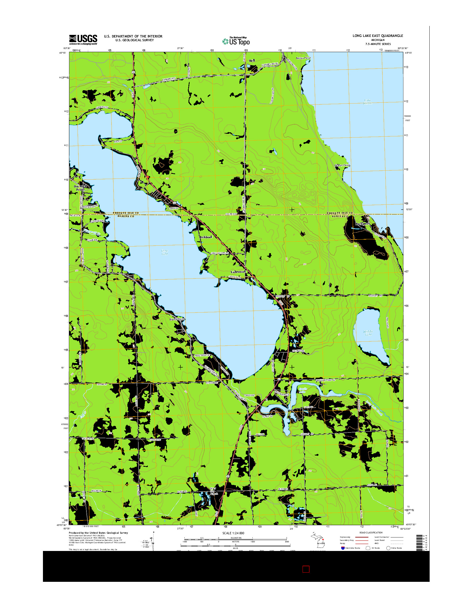 USGS US TOPO 7.5-MINUTE MAP FOR LONG LAKE EAST, MI 2014