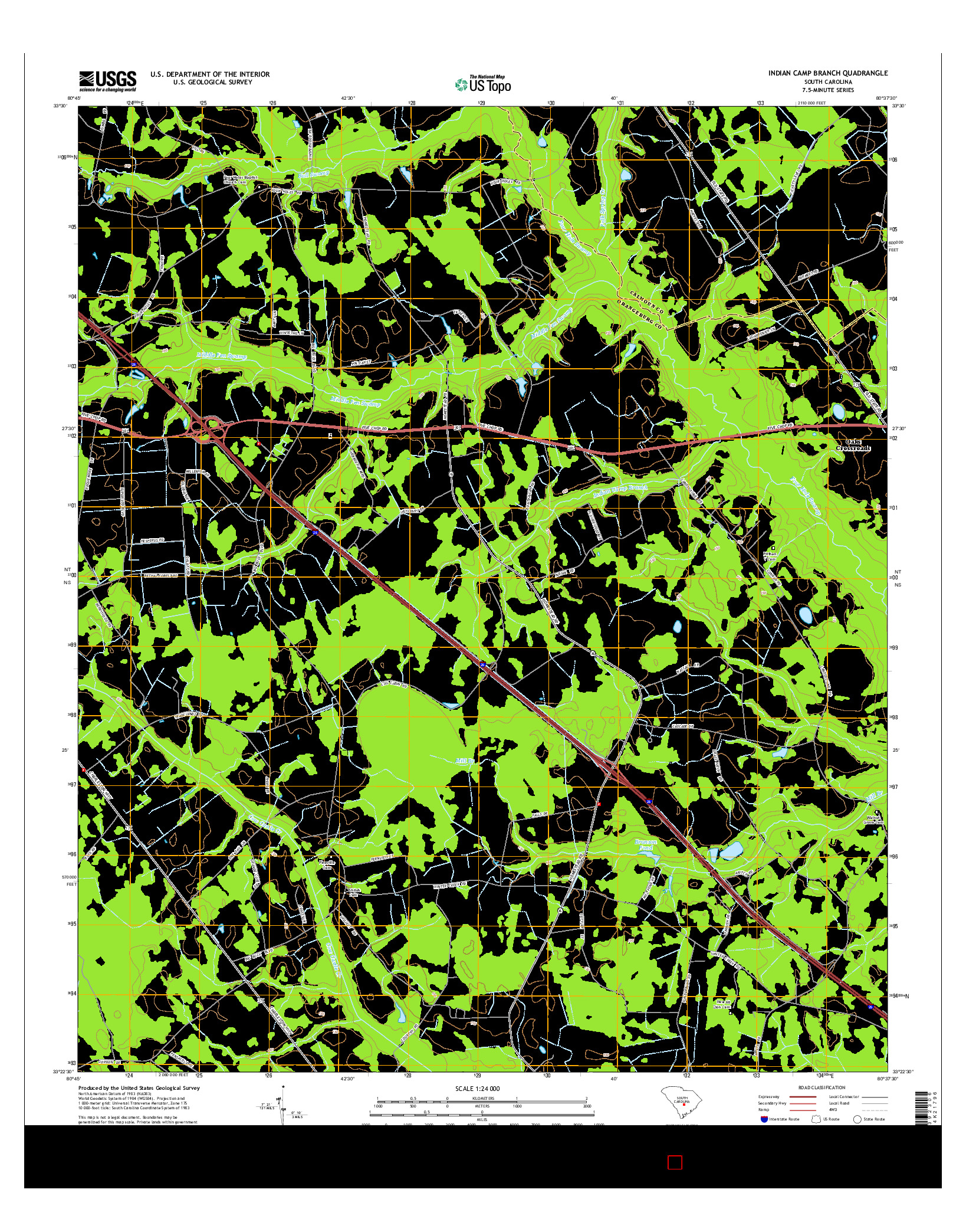 USGS US TOPO 7.5-MINUTE MAP FOR INDIAN CAMP BRANCH, SC 2014