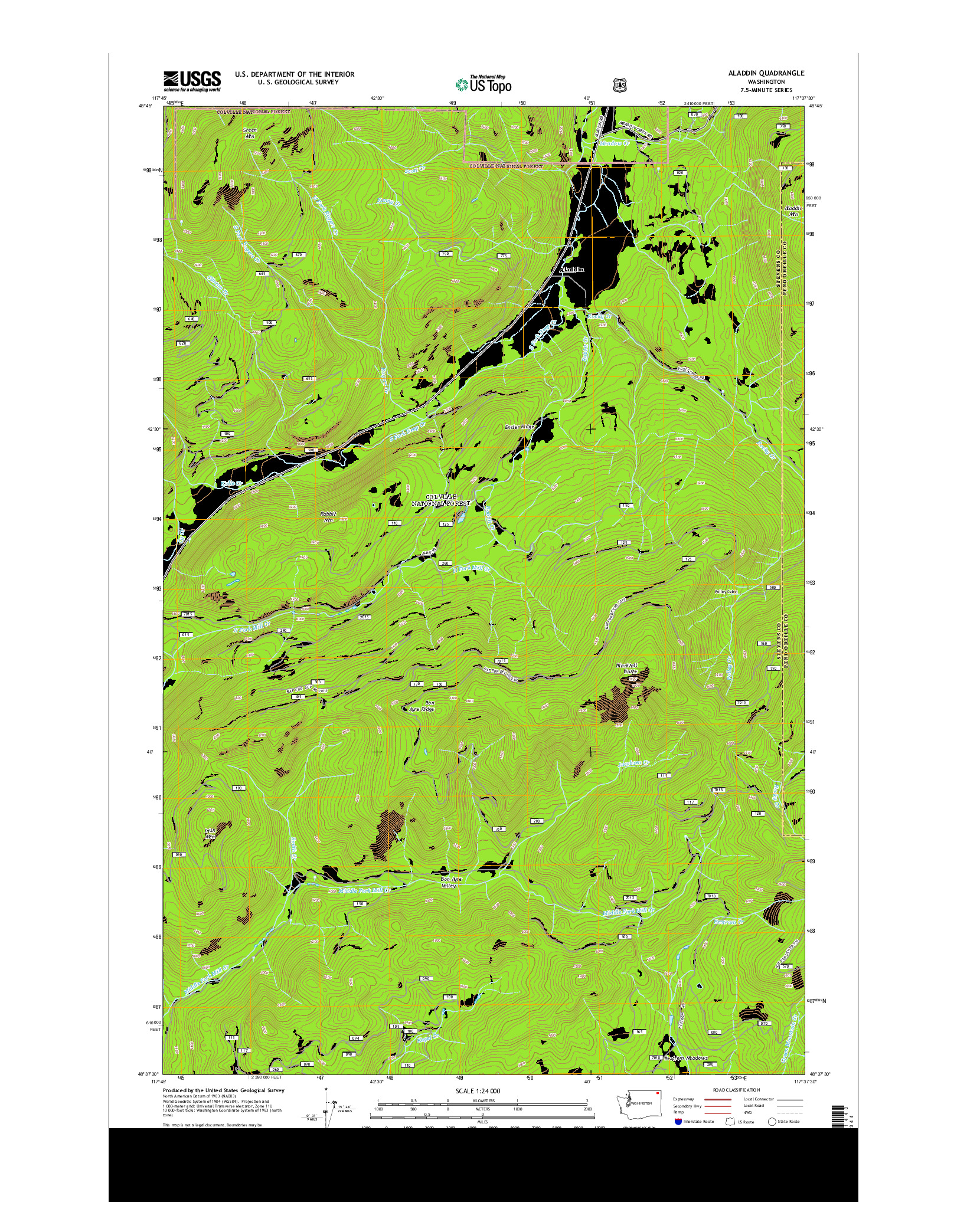 USGS US TOPO 7.5-MINUTE MAP FOR ALADDIN, WA 2014