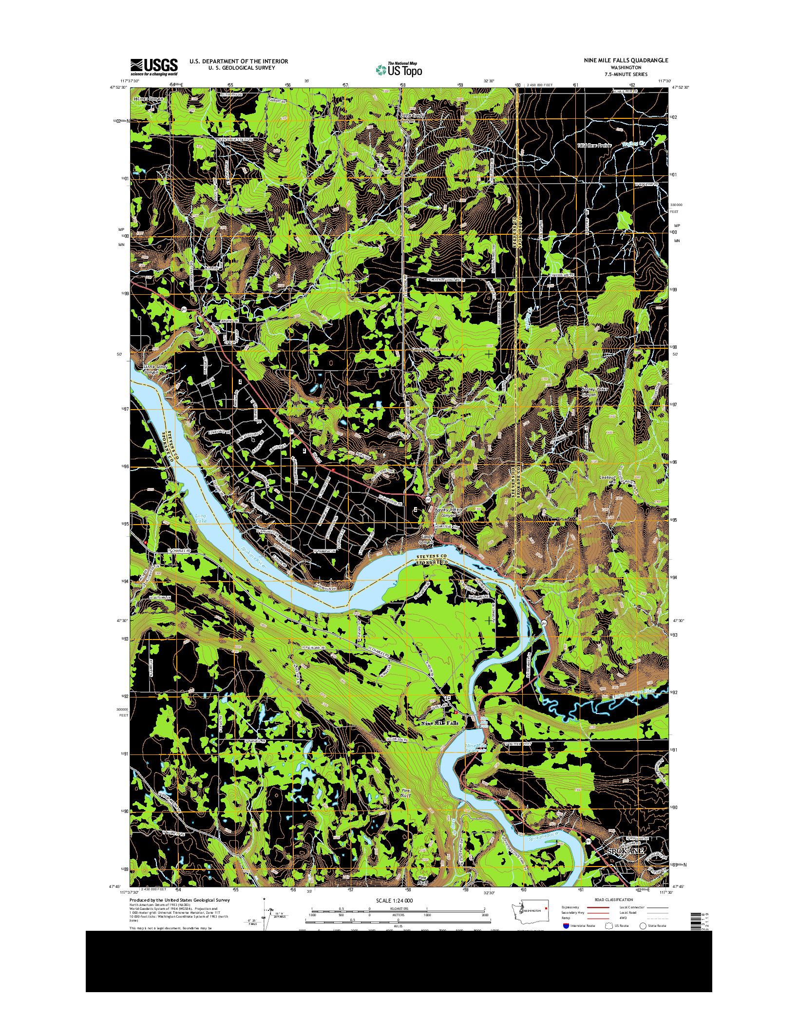 USGS US TOPO 7.5-MINUTE MAP FOR NINE MILE FALLS, WA 2014