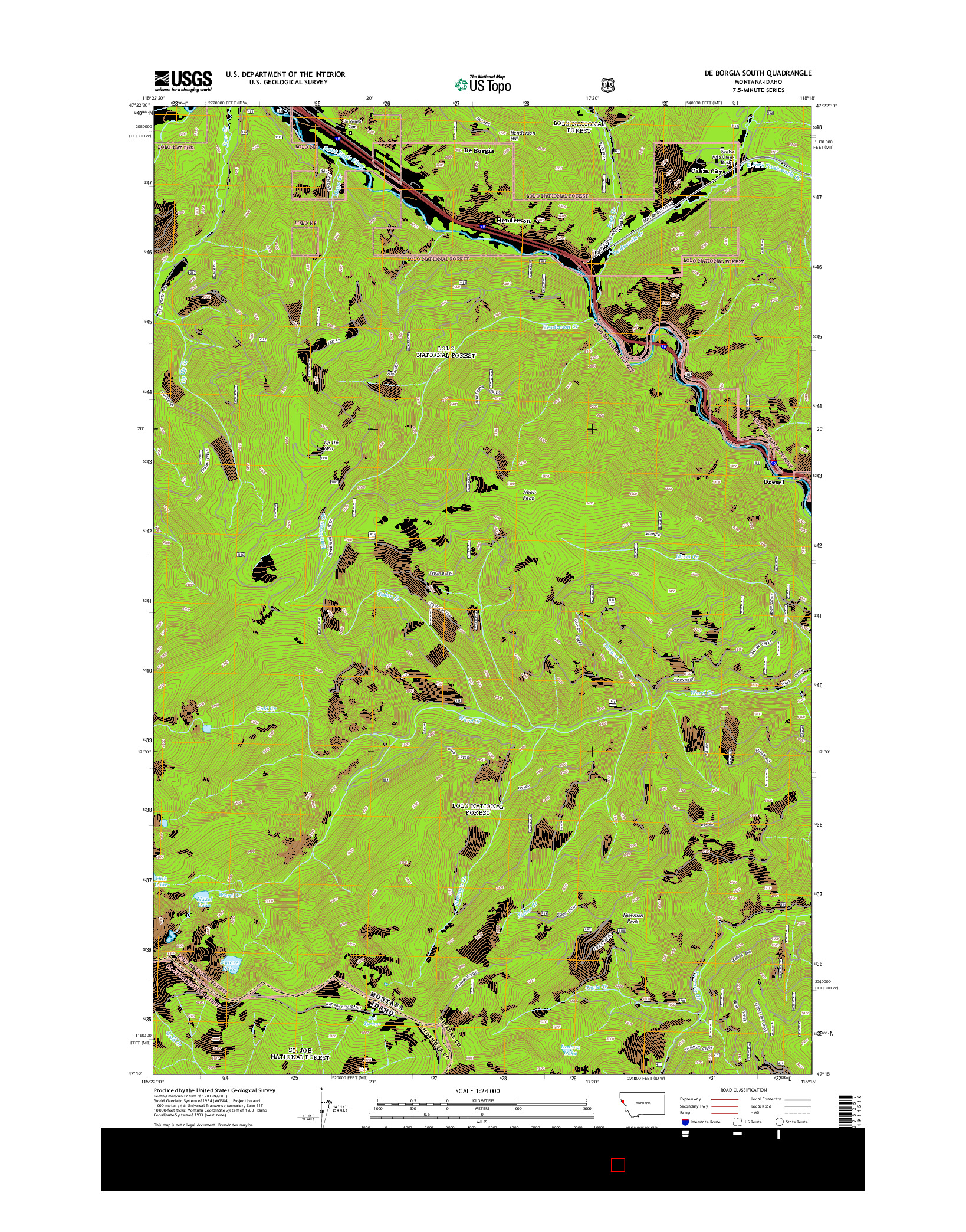 USGS US TOPO 7.5-MINUTE MAP FOR DE BORGIA SOUTH, MT-ID 2014