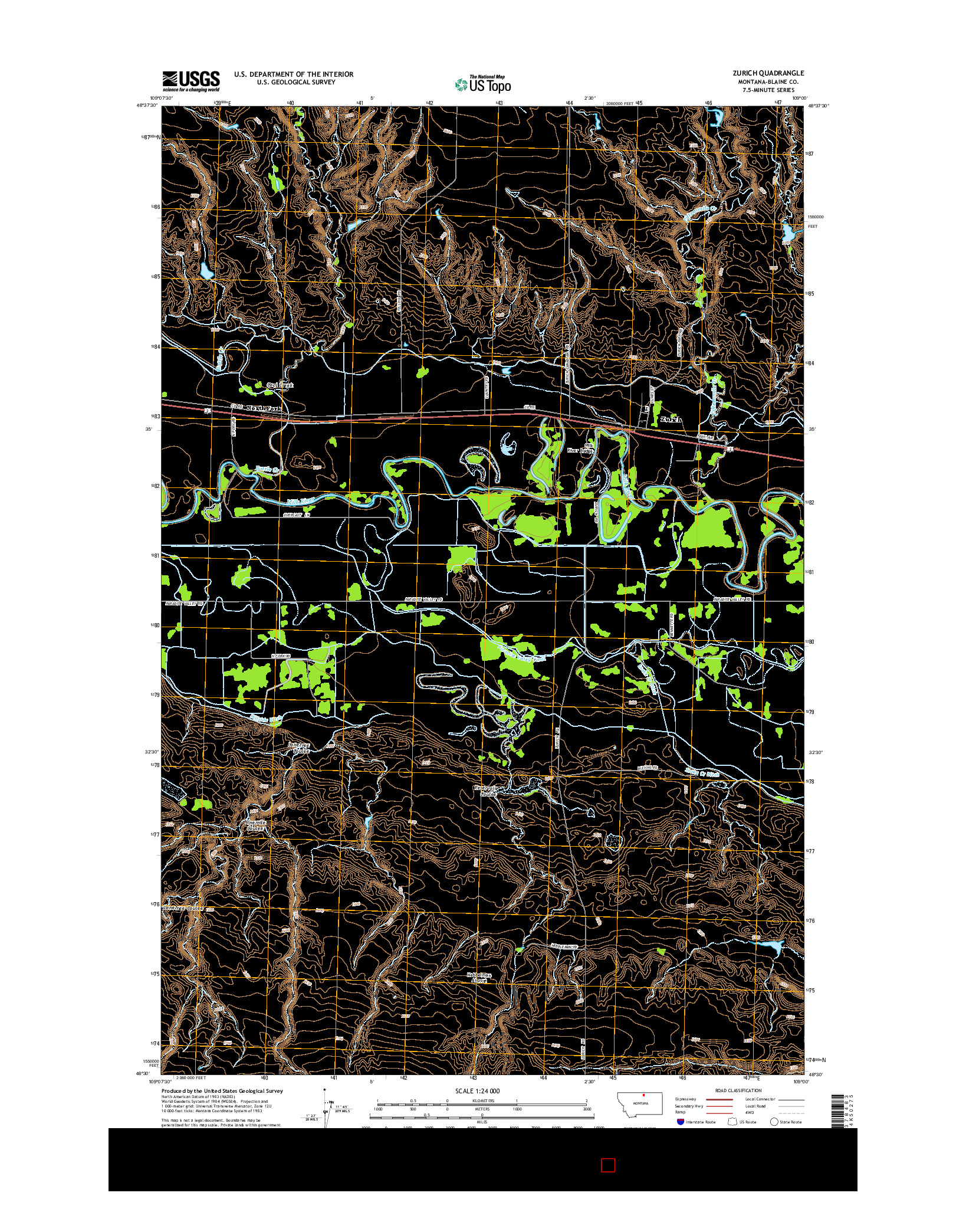 USGS US TOPO 7.5-MINUTE MAP FOR ZURICH, MT 2014