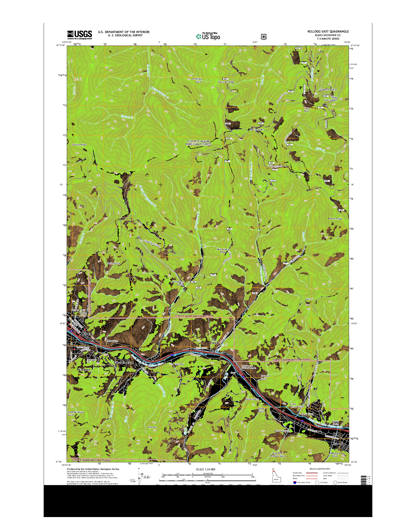 USGS US TOPO 7.5-MINUTE MAP FOR KELLOGG EAST, ID 2014