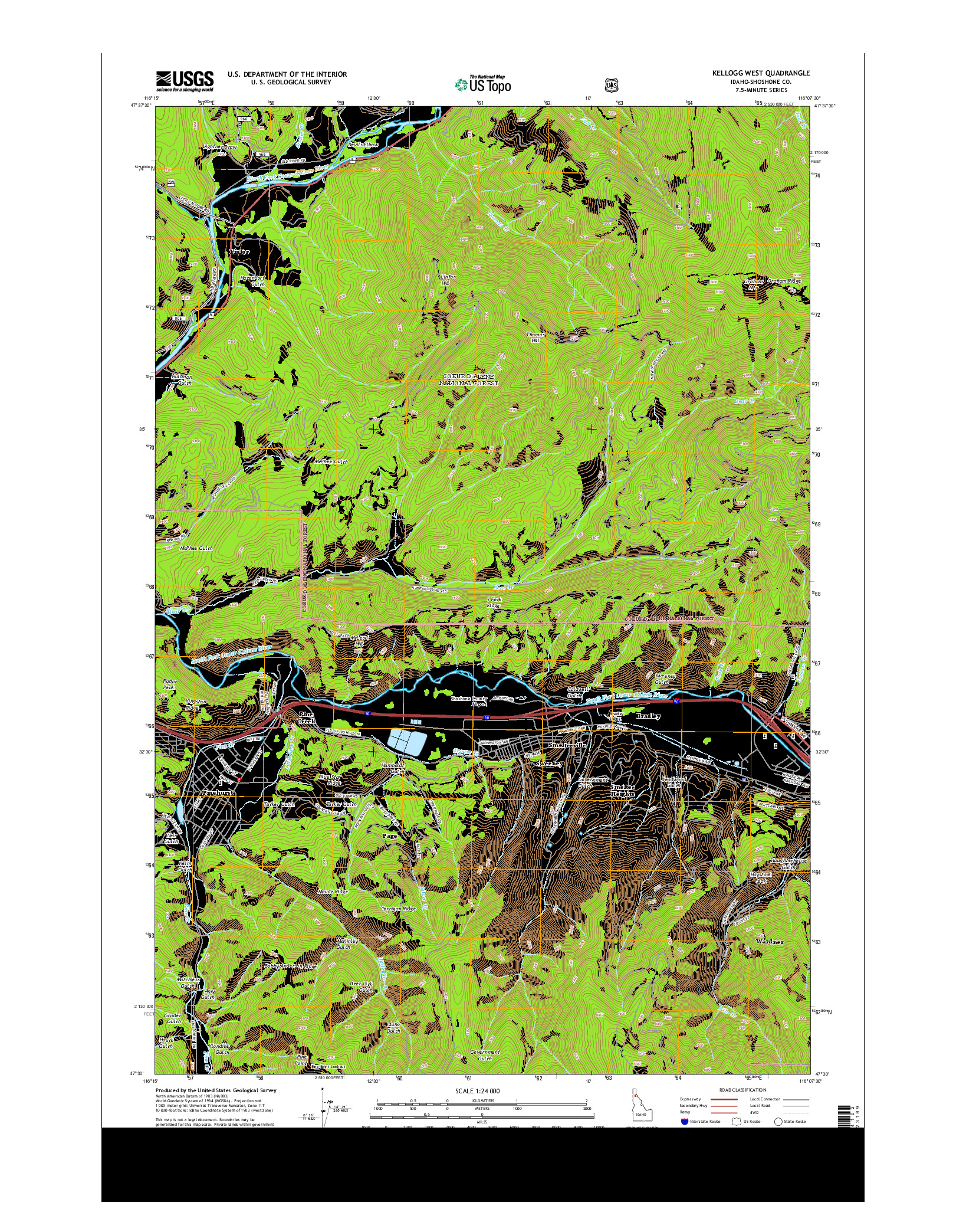 USGS US TOPO 7.5-MINUTE MAP FOR KELLOGG WEST, ID 2014