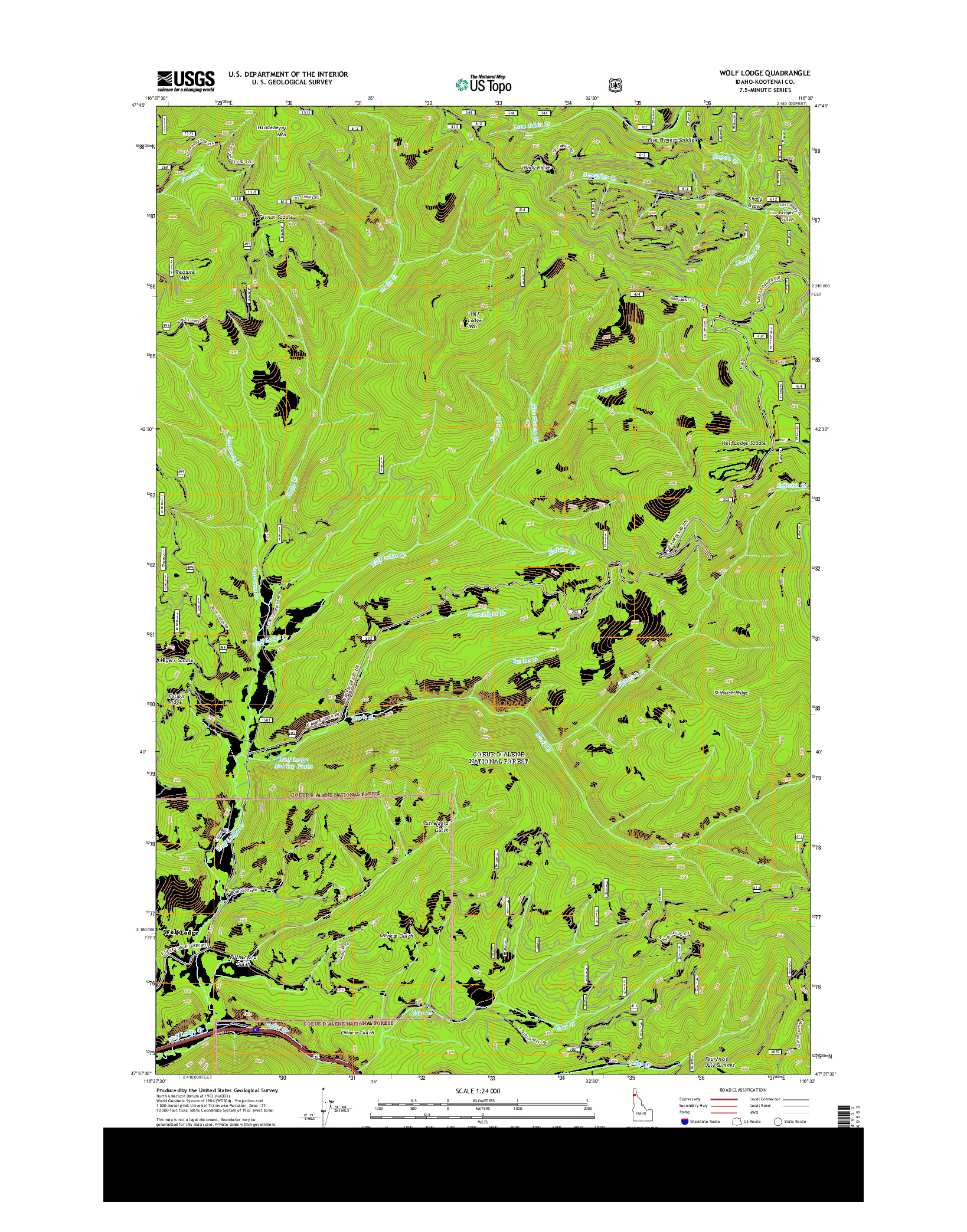 USGS US TOPO 7.5-MINUTE MAP FOR WOLF LODGE, ID 2014