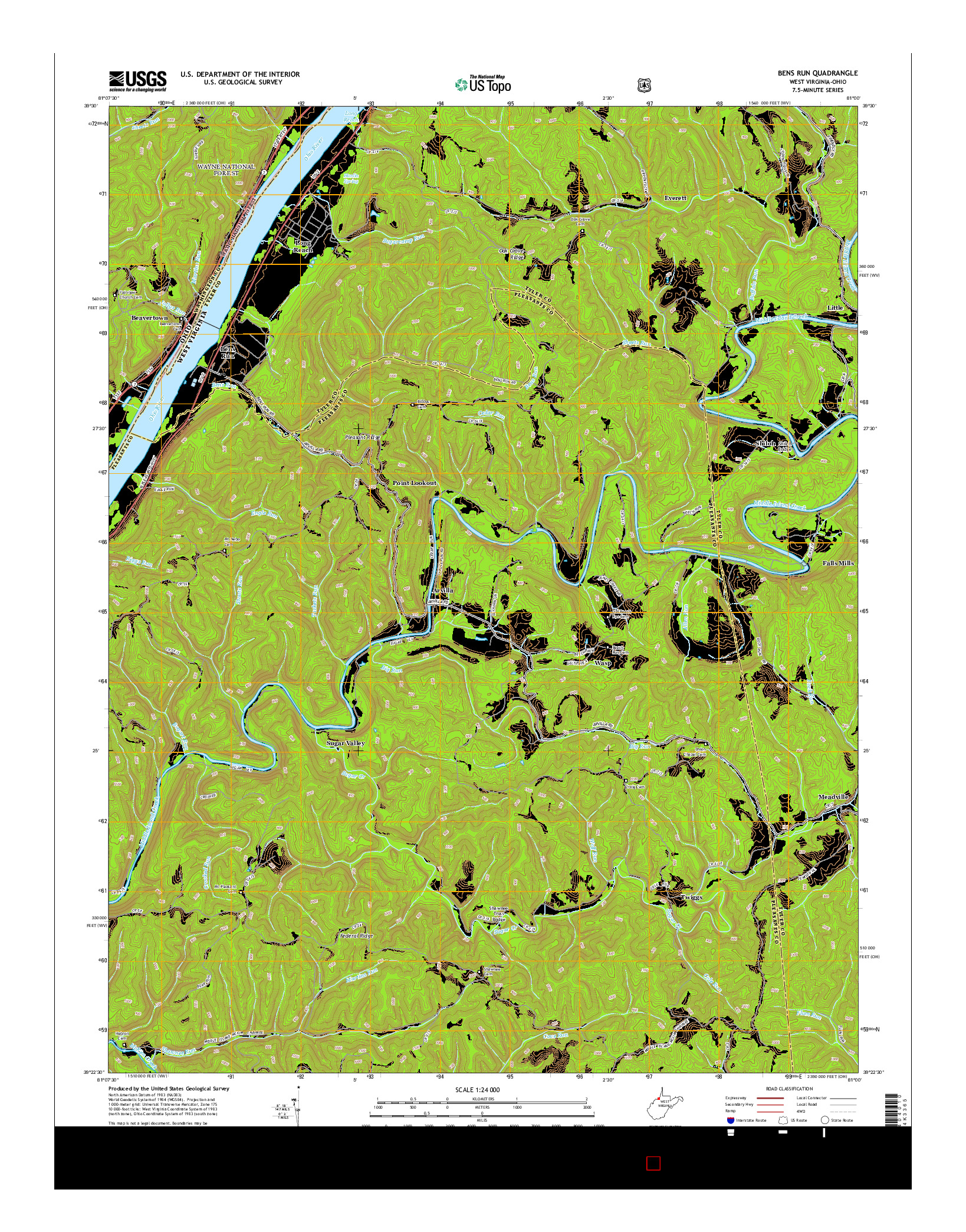 USGS US TOPO 7.5-MINUTE MAP FOR BENS RUN, WV-OH 2014