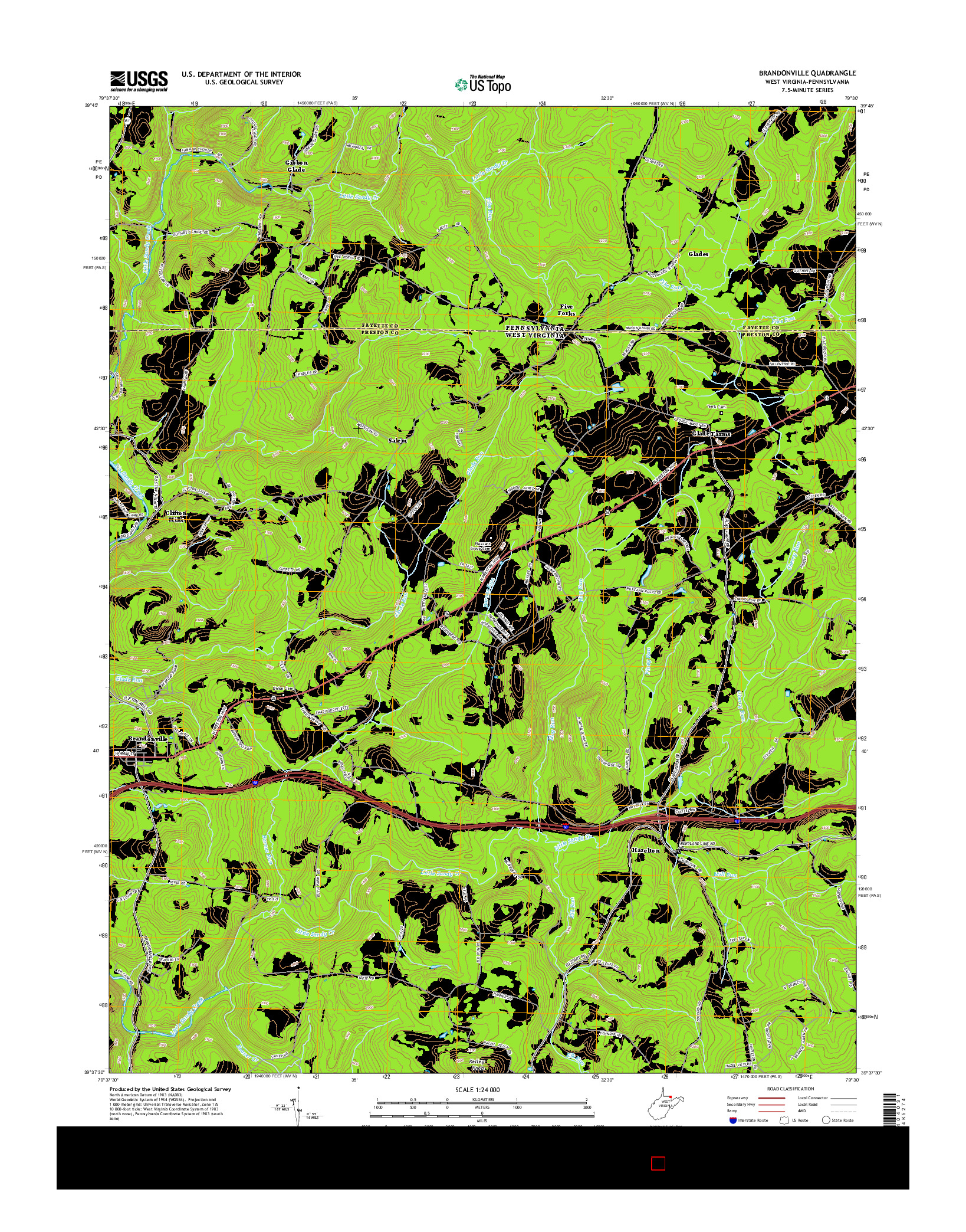 USGS US TOPO 7.5-MINUTE MAP FOR BRANDONVILLE, WV-PA 2014