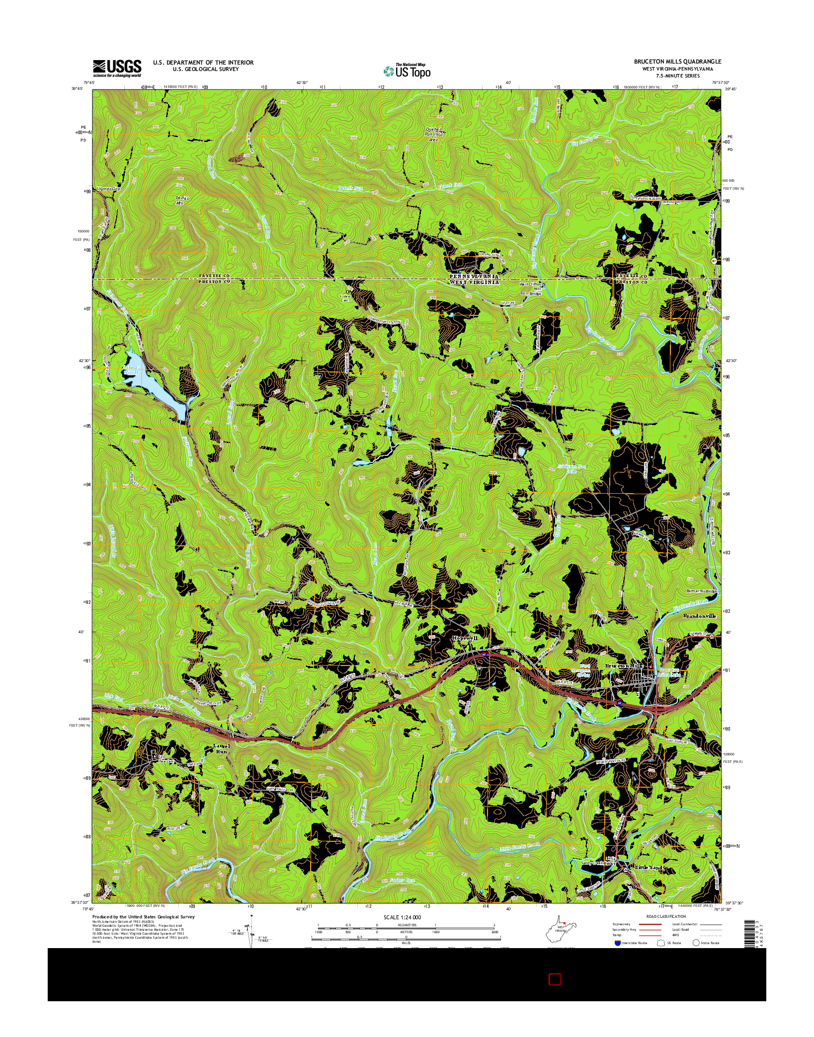 USGS US TOPO 7.5-MINUTE MAP FOR BRUCETON MILLS, WV-PA 2014