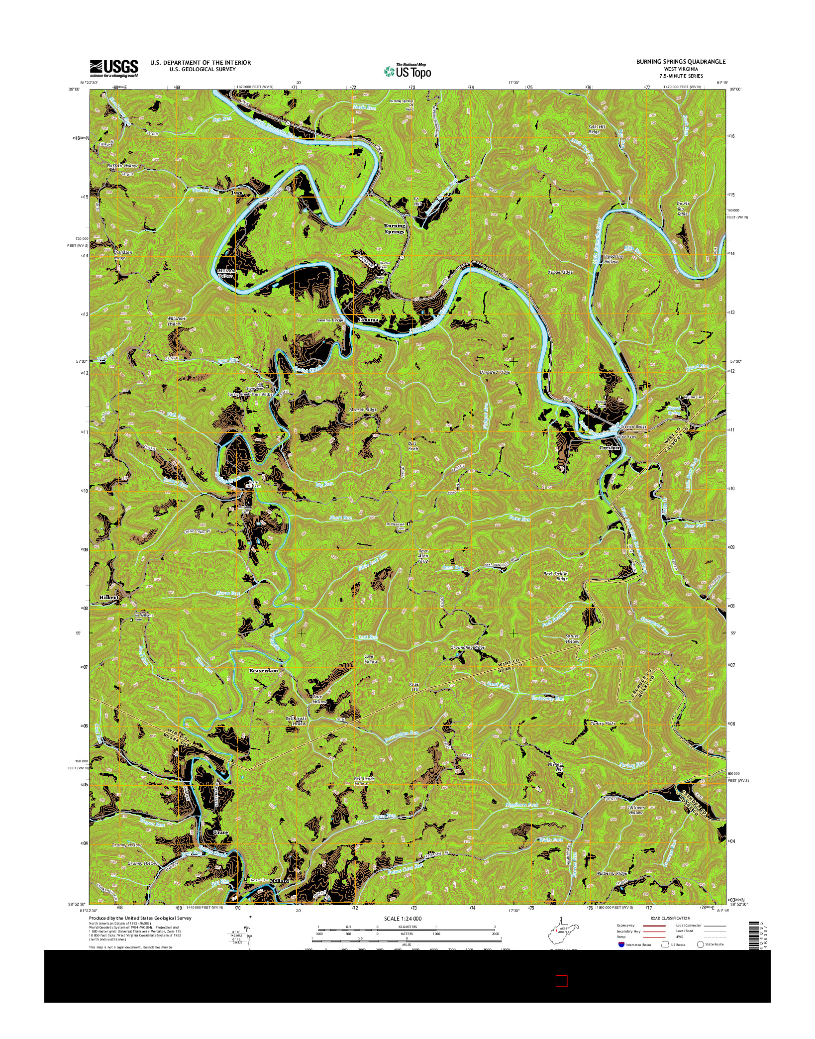 USGS US TOPO 7.5-MINUTE MAP FOR BURNING SPRINGS, WV 2014