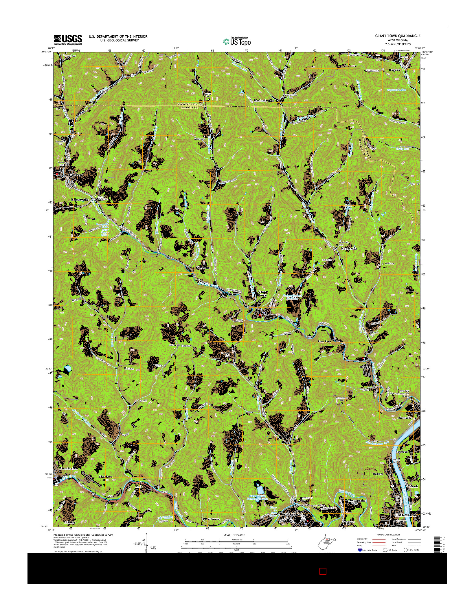 USGS US TOPO 7.5-MINUTE MAP FOR GRANT TOWN, WV 2014