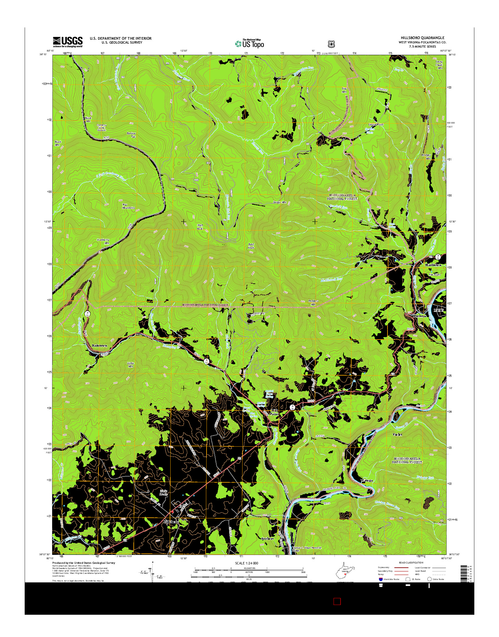 USGS US TOPO 7.5-MINUTE MAP FOR HILLSBORO, WV 2014