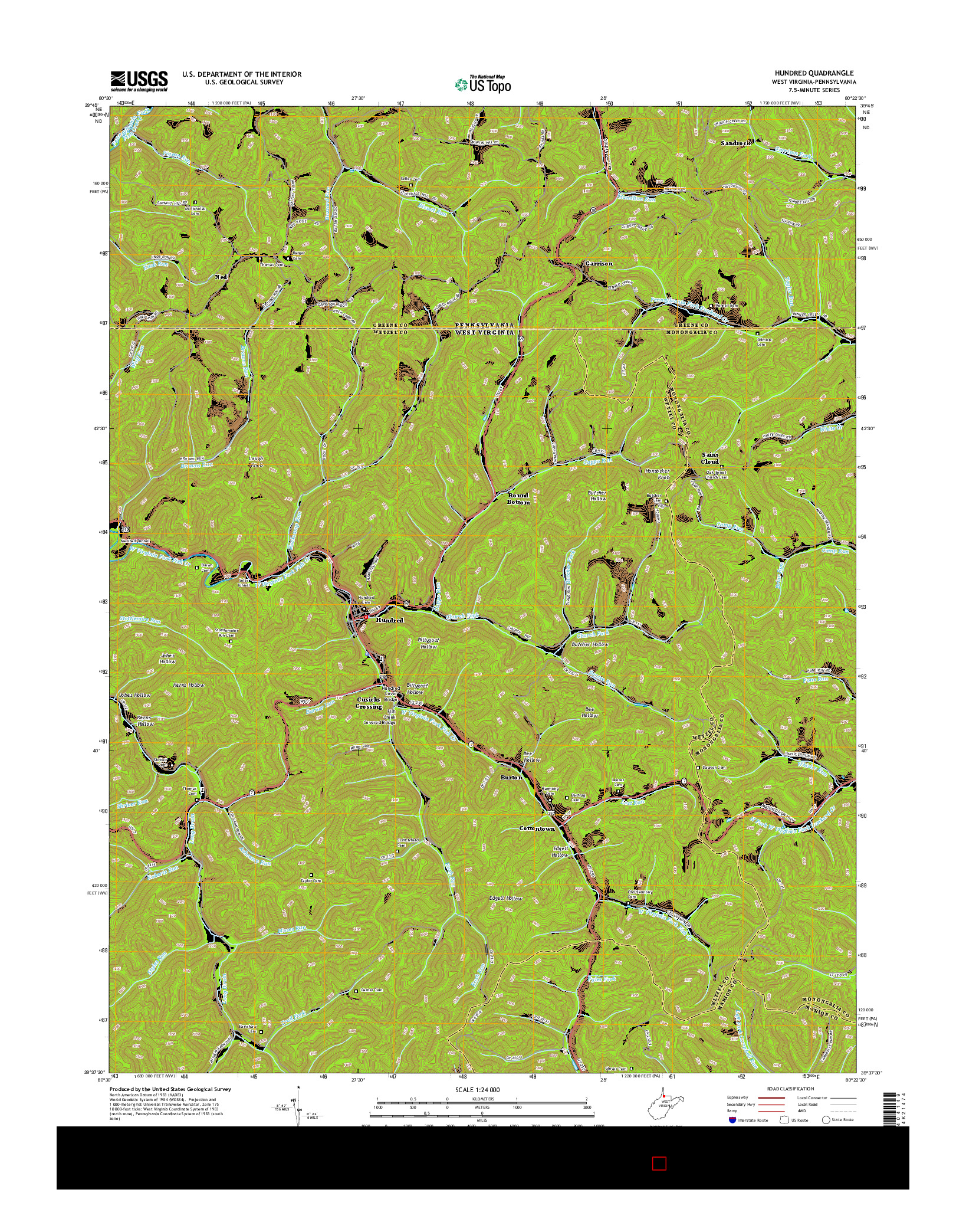 USGS US TOPO 7.5-MINUTE MAP FOR HUNDRED, WV-PA 2014