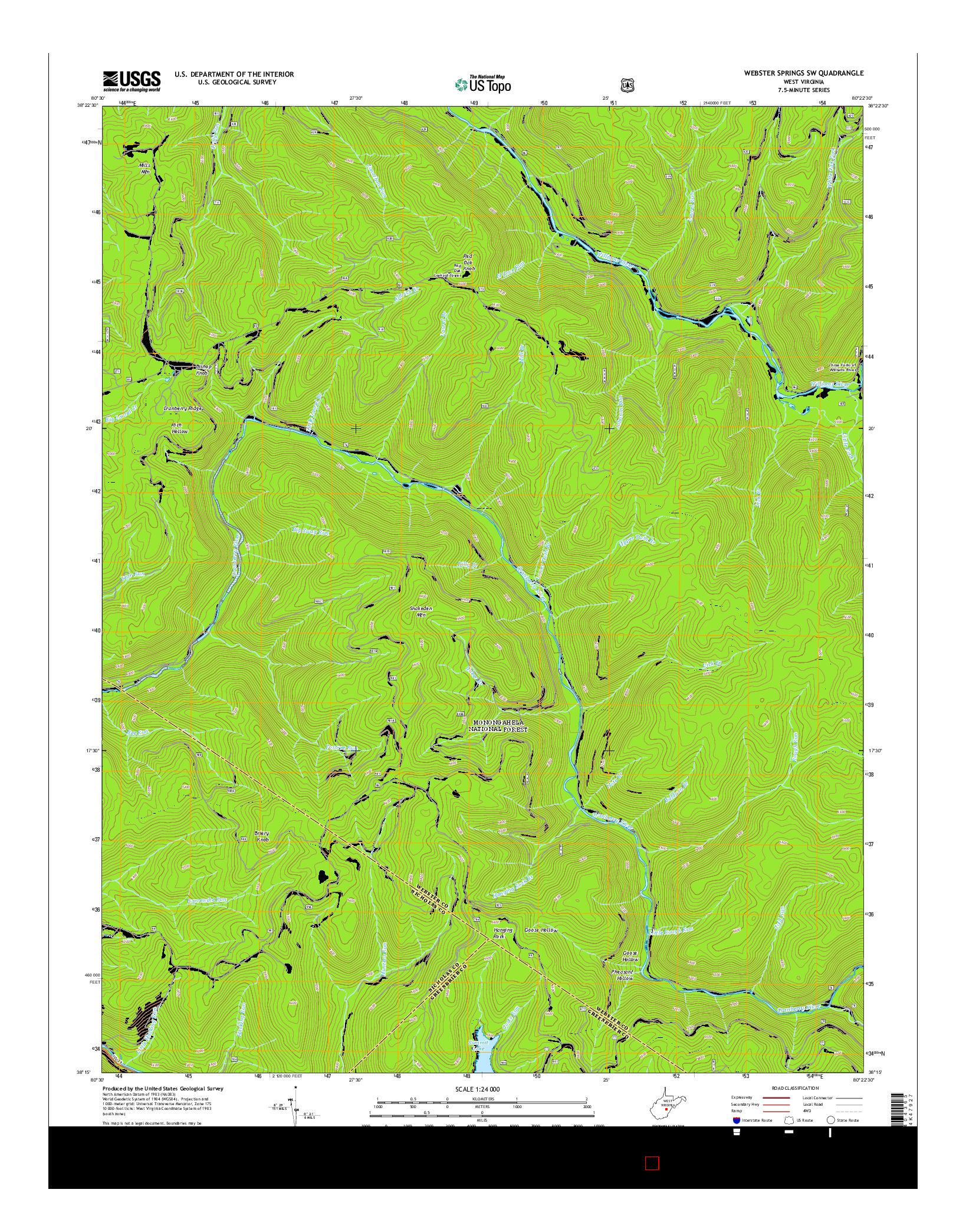 USGS US TOPO 7.5-MINUTE MAP FOR WEBSTER SPRINGS SW, WV 2014