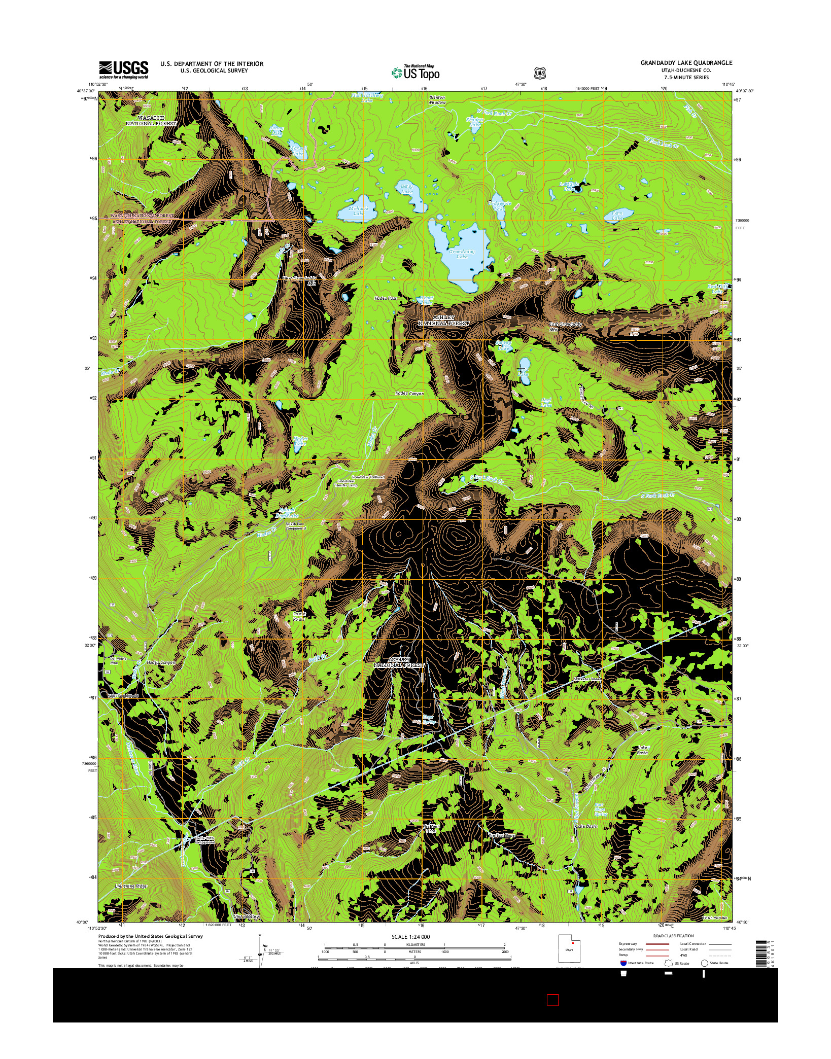 USGS US TOPO 7.5-MINUTE MAP FOR GRANDADDY LAKE, UT 2014