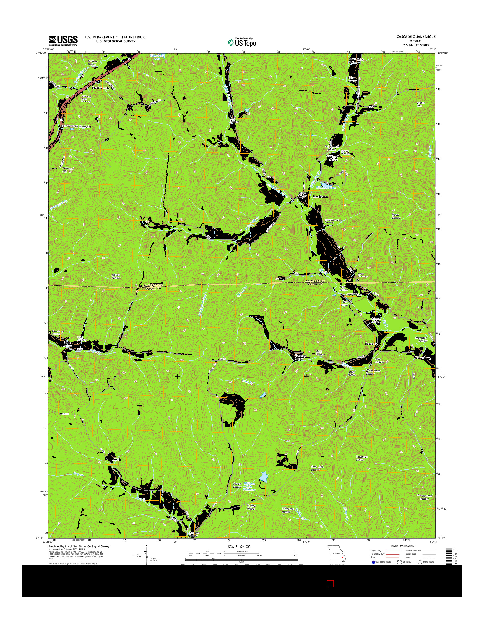 USGS US TOPO 7.5-MINUTE MAP FOR CASCADE, MO 2015