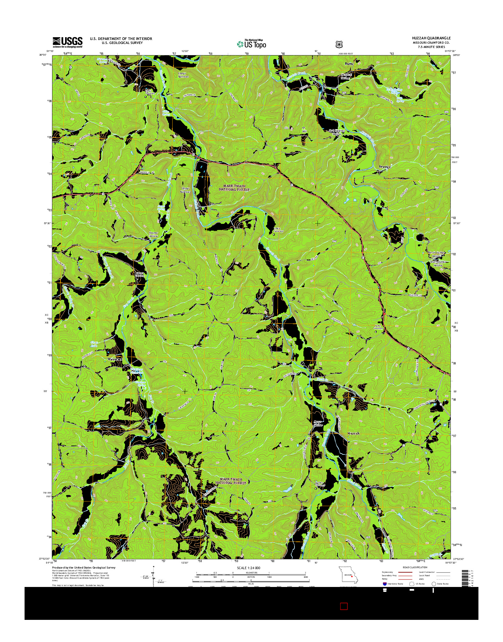 USGS US TOPO 7.5-MINUTE MAP FOR HUZZAH, MO 2015