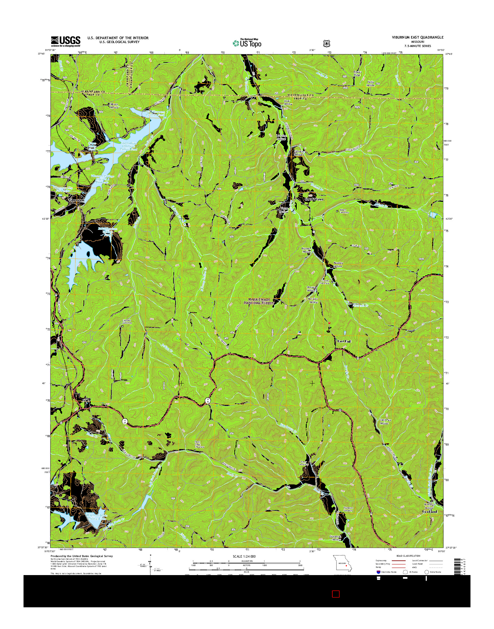 USGS US TOPO 7.5-MINUTE MAP FOR VIBURNUM EAST, MO 2015